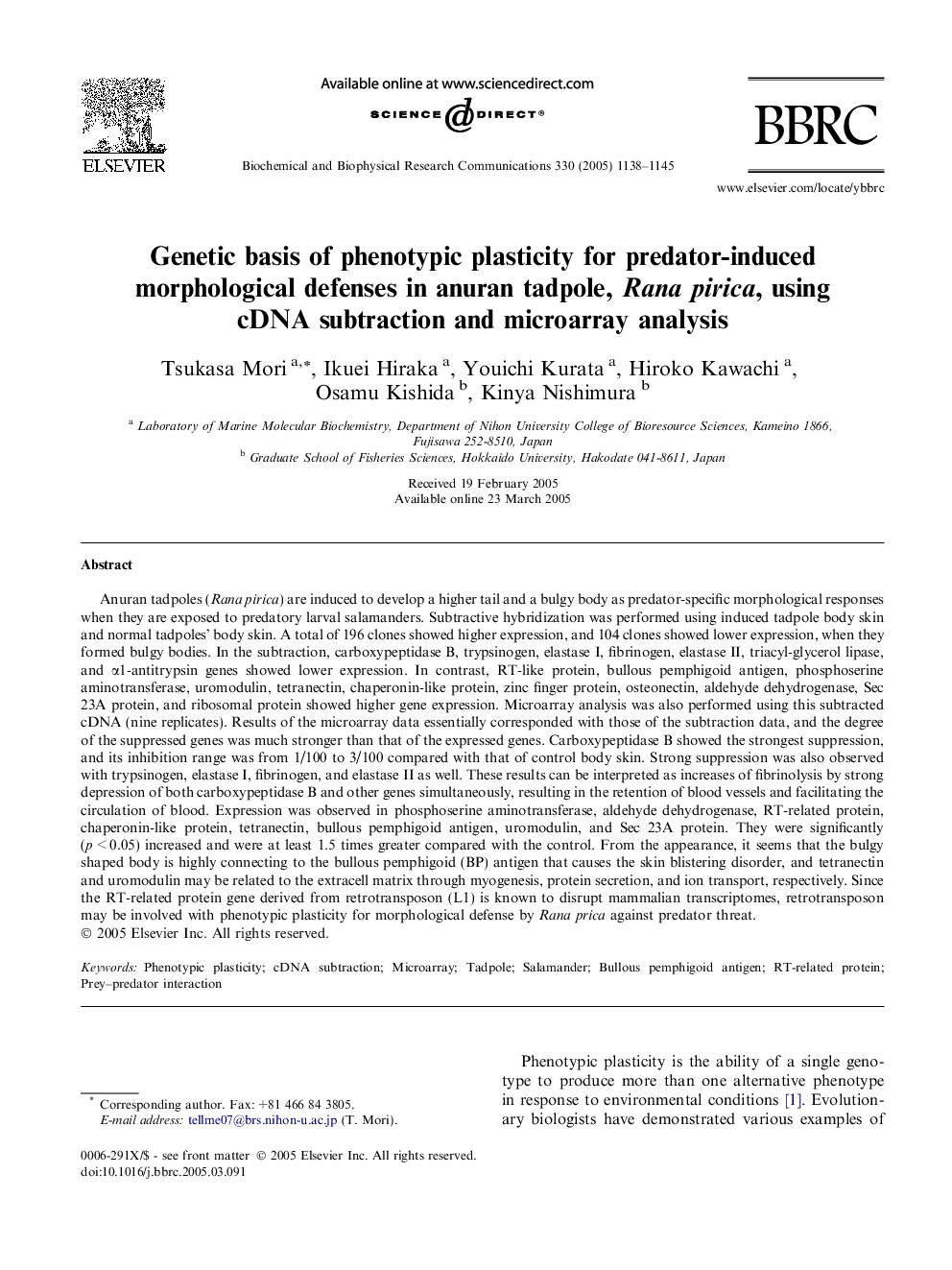 Genetic basis of phenotypic plasticity for predator-induced morphological defenses in anuran tadpole, Rana pirica, using cDNA subtraction and microarray analysis