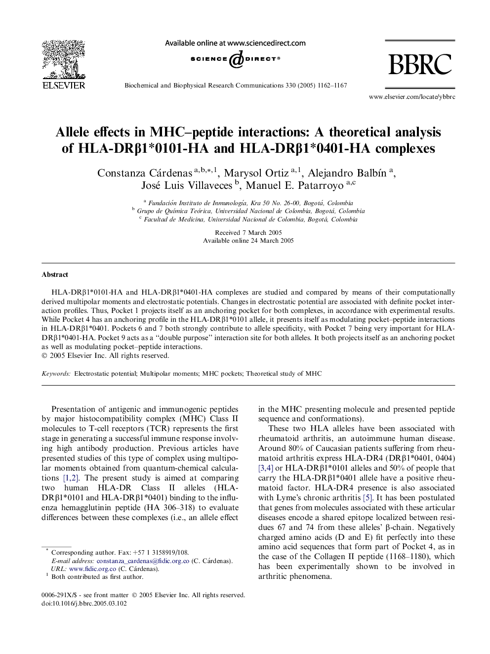 Allele effects in MHC-peptide interactions: A theoretical analysis of HLA-DRÎ²1*0101-HA and HLA-DRÎ²1*0401-HA complexes