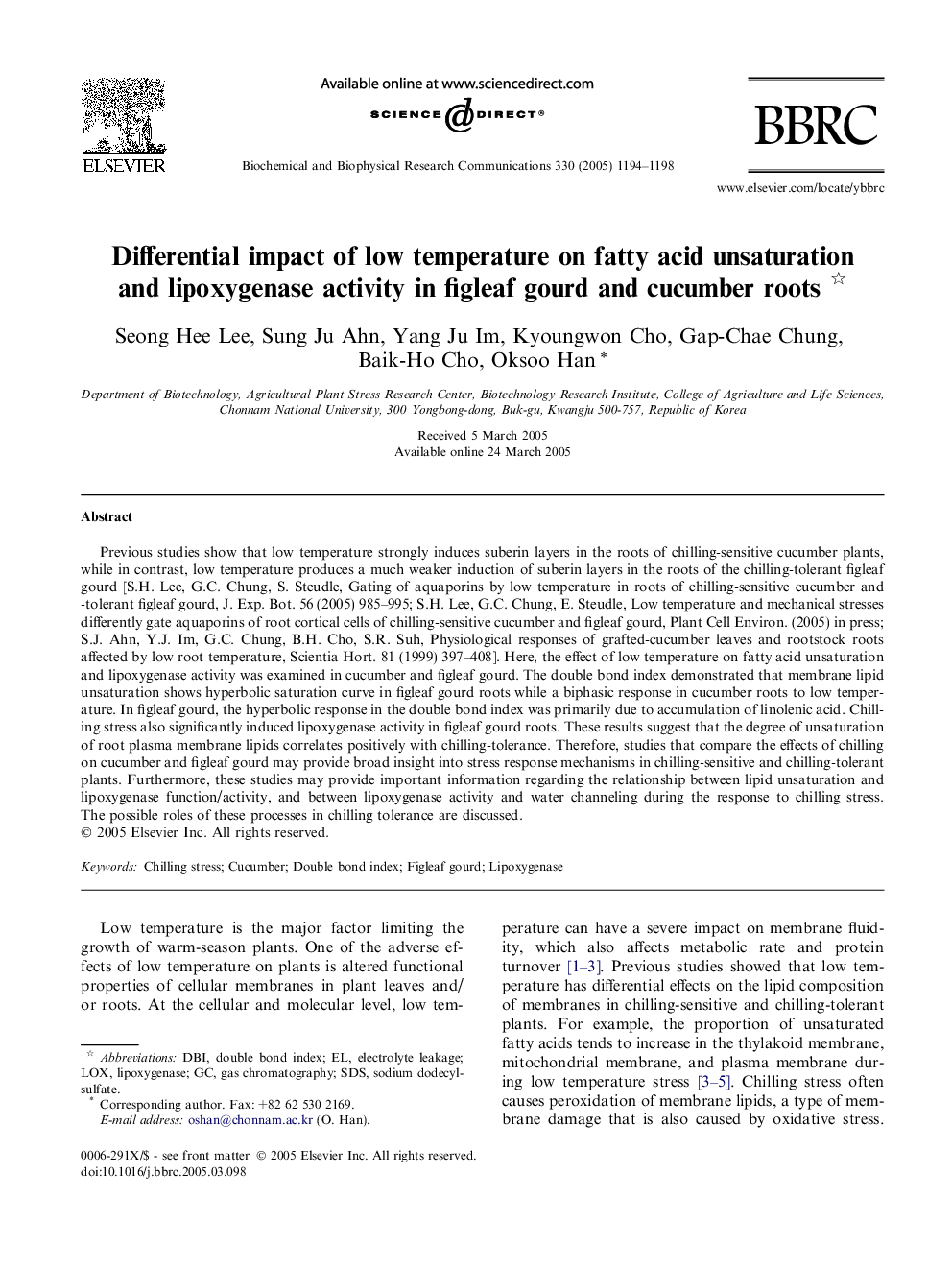 Differential impact of low temperature on fatty acid unsaturation and lipoxygenase activity in figleaf gourd and cucumber roots