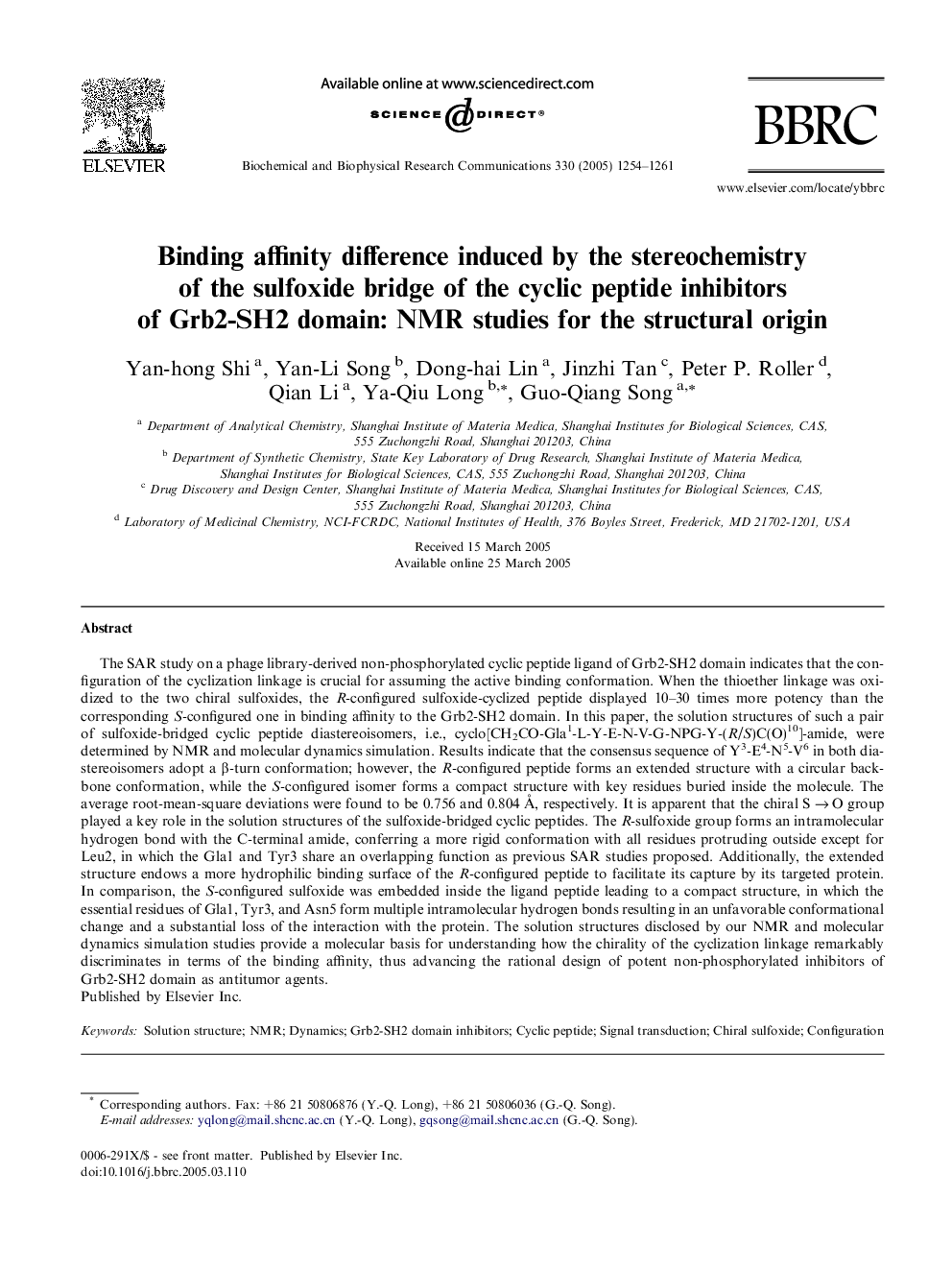 Binding affinity difference induced by the stereochemistry of the sulfoxide bridge of the cyclic peptide inhibitors of Grb2-SH2 domain: NMR studies for the structural origin