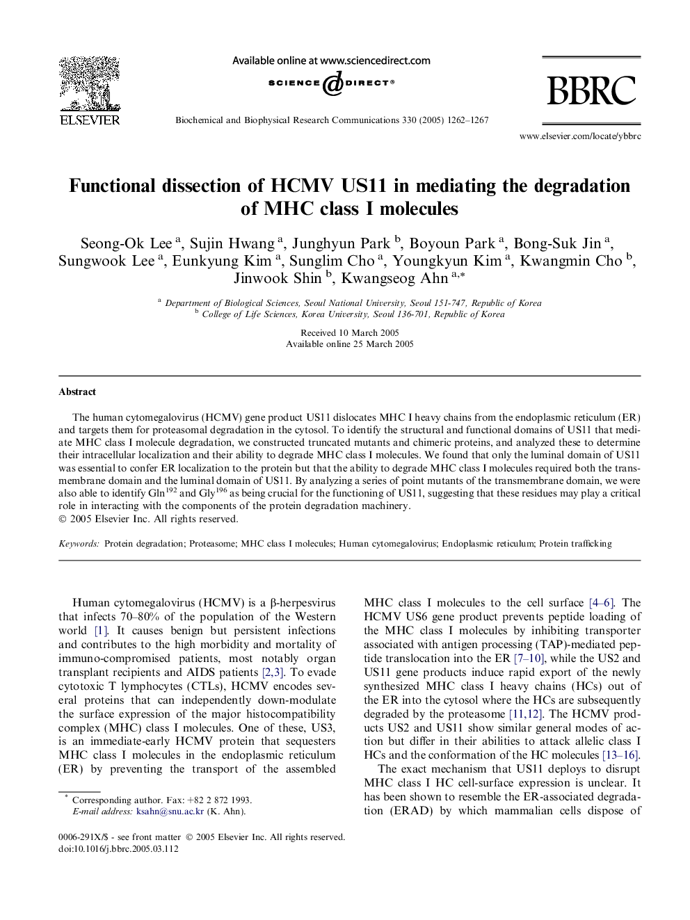 Functional dissection of HCMV US11 in mediating the degradation of MHC class I molecules