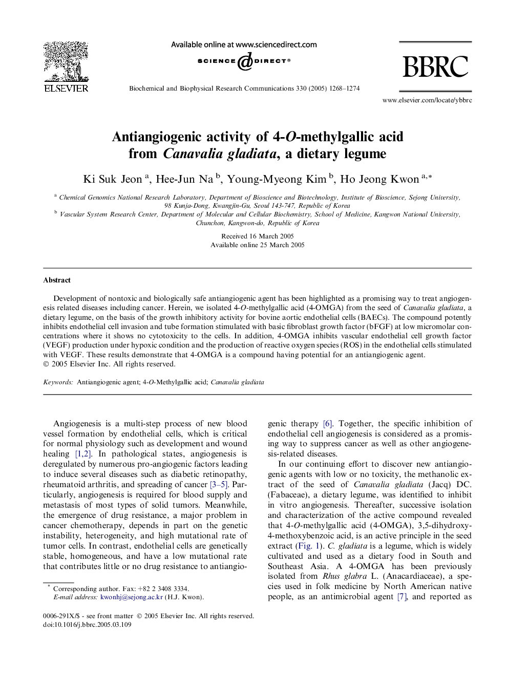 Antiangiogenic activity of 4-O-methylgallic acid from Canavalia gladiata, a dietary legume