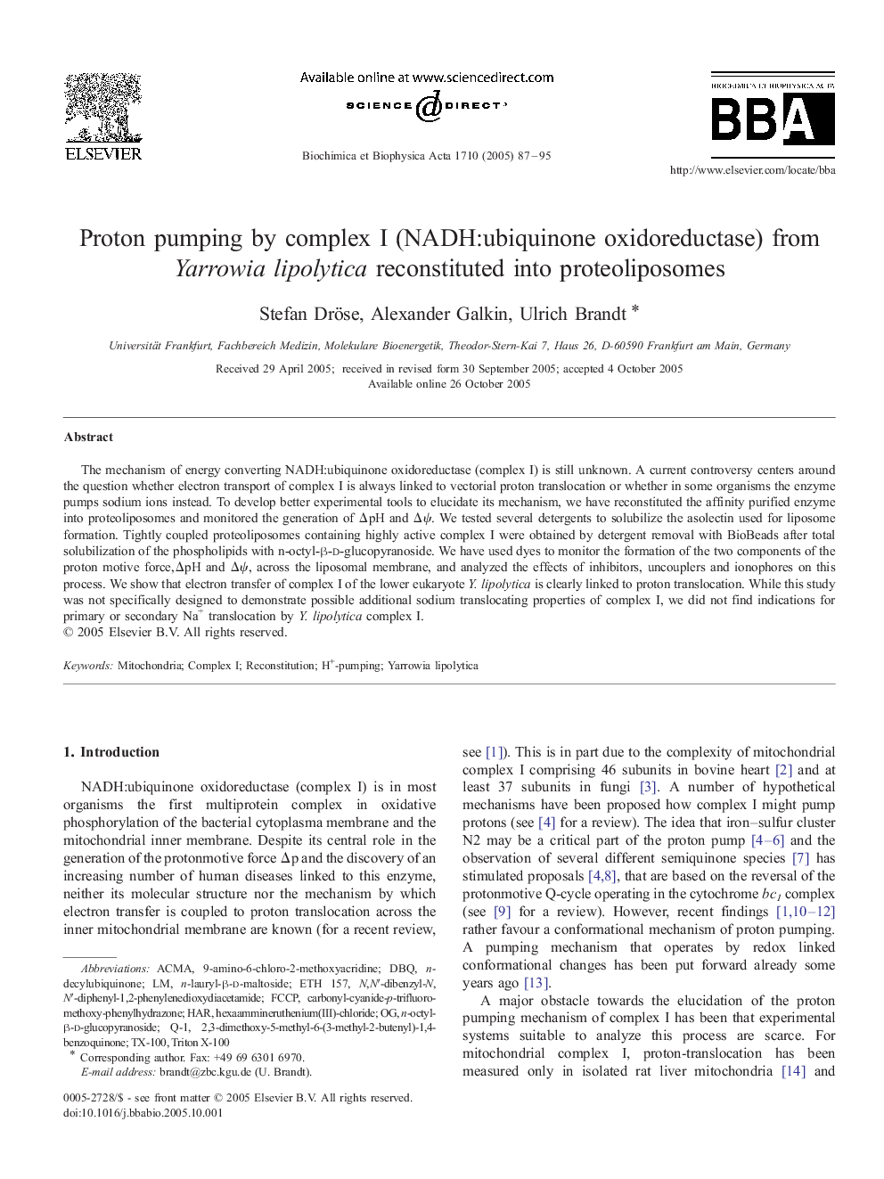 Proton pumping by complex I (NADH:ubiquinone oxidoreductase) from Yarrowia lipolytica reconstituted into proteoliposomes