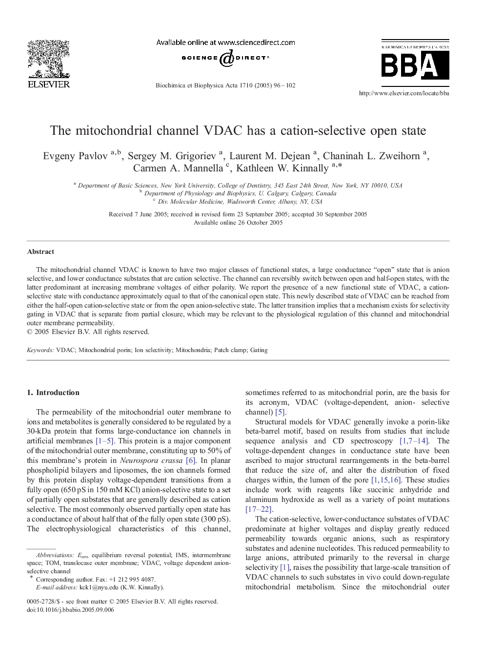 The mitochondrial channel VDAC has a cation-selective open state