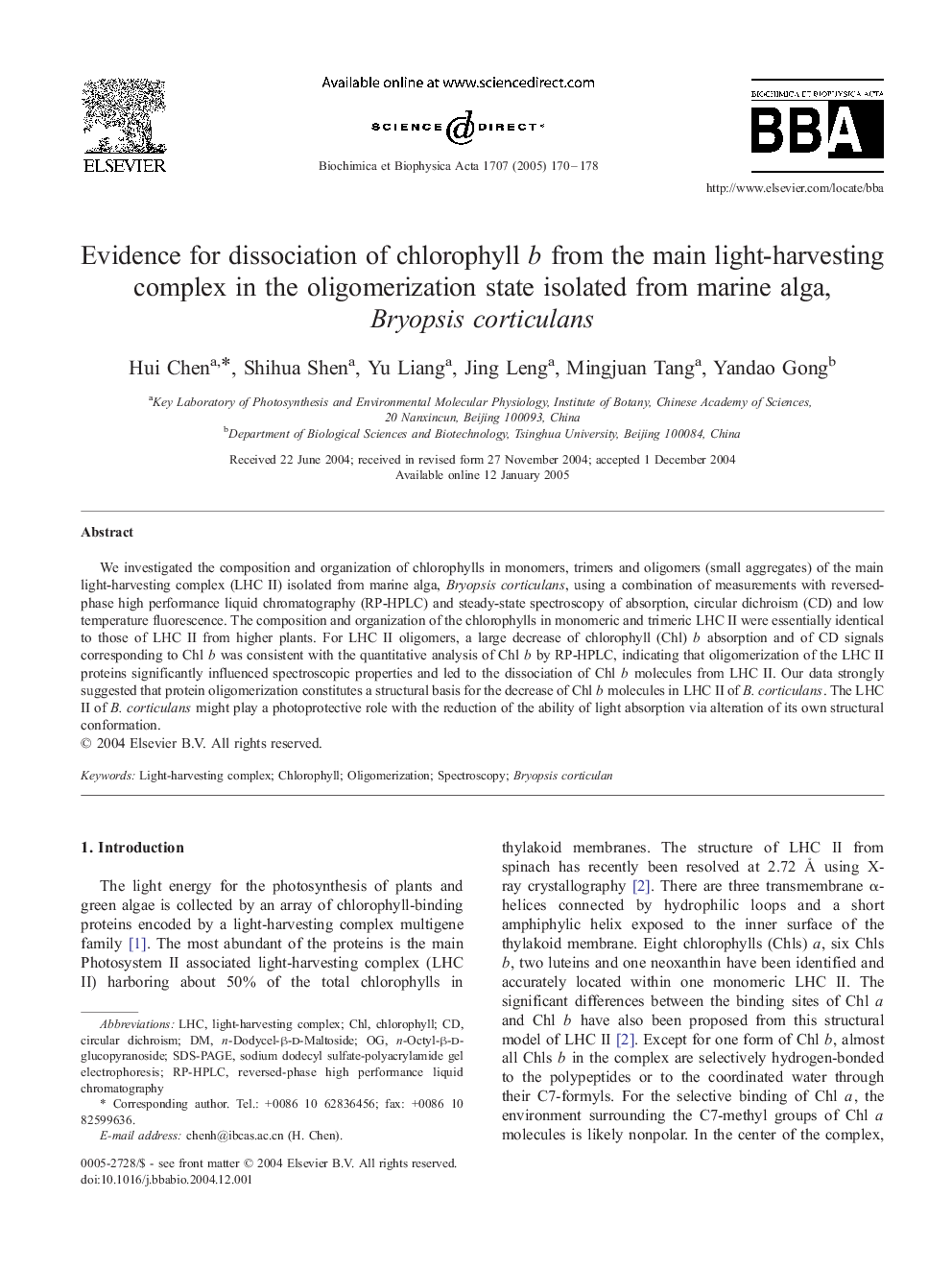 Evidence for dissociation of chlorophyll b from the main light-harvesting complex in the oligomerization state isolated from marine alga, Bryopsis corticulans