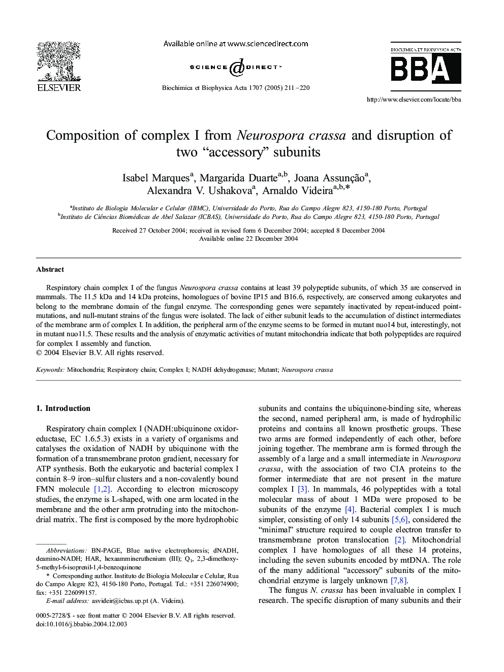 عکس صفحه اول مقاله: Composition of complex I from Neurospora crassa and disruption of two “accessory” subunits Composition of complex I from Neurospora crassa and disruption of two “accessory” subunits