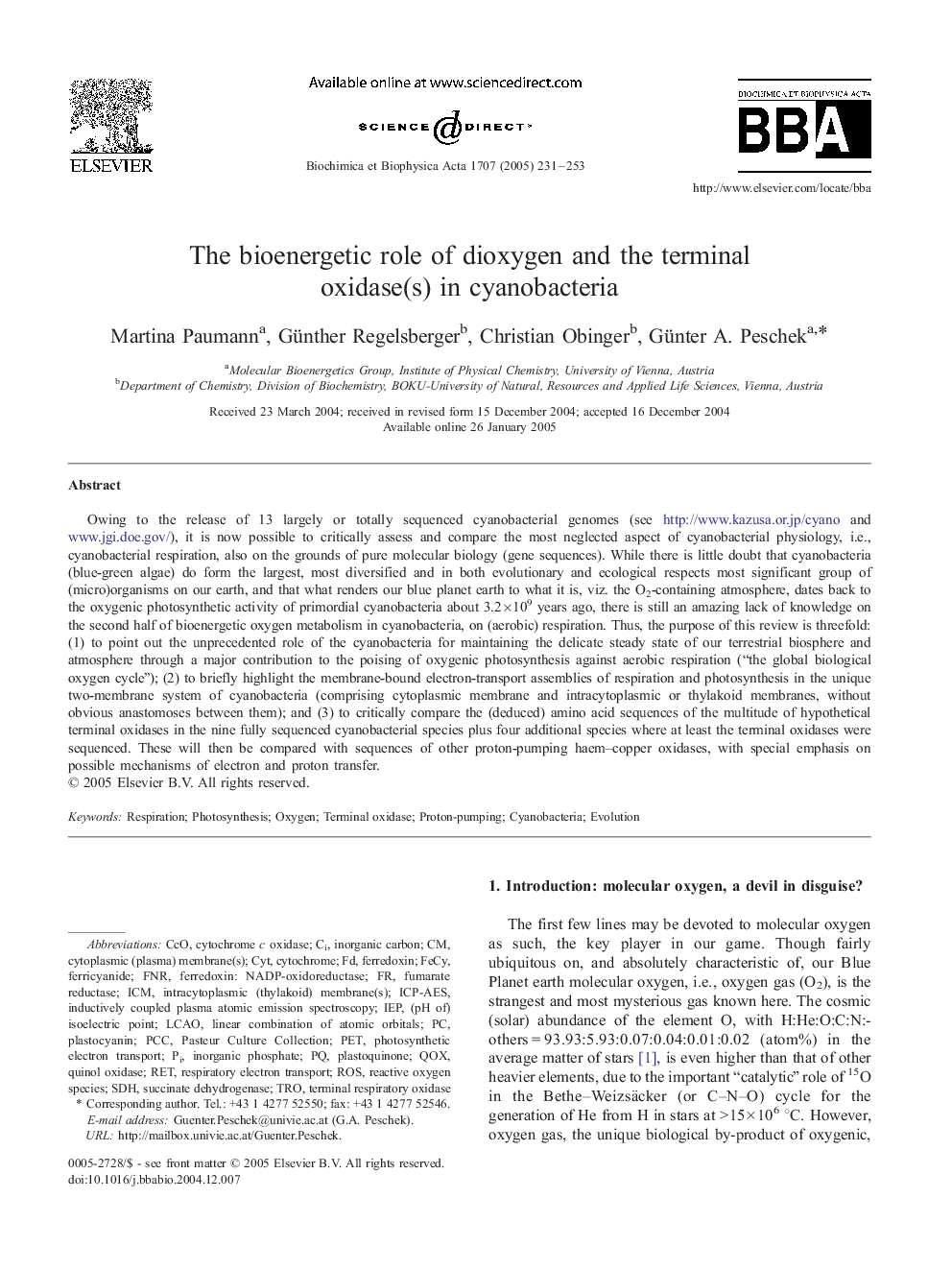 The bioenergetic role of dioxygen and the terminal oxidase(s) in cyanobacteria