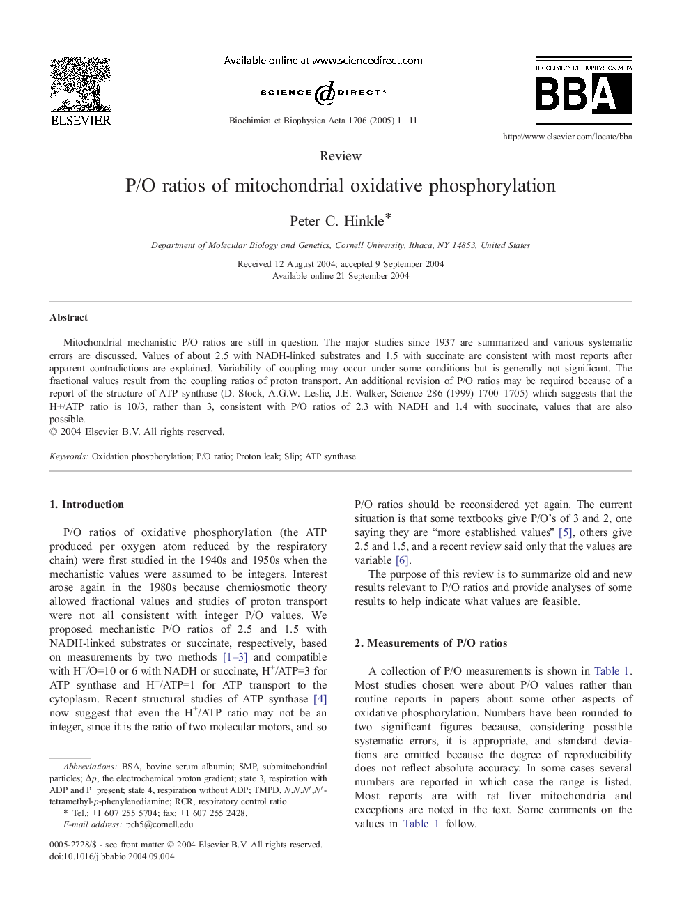 P/O ratios of mitochondrial oxidative phosphorylation