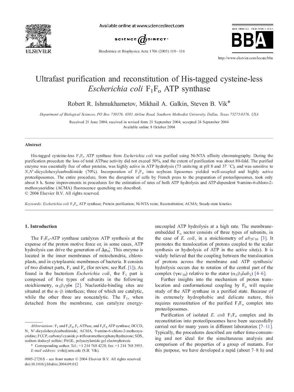 Ultrafast purification and reconstitution of His-tagged cysteine-less Escherichia coli F1Fo ATP synthase