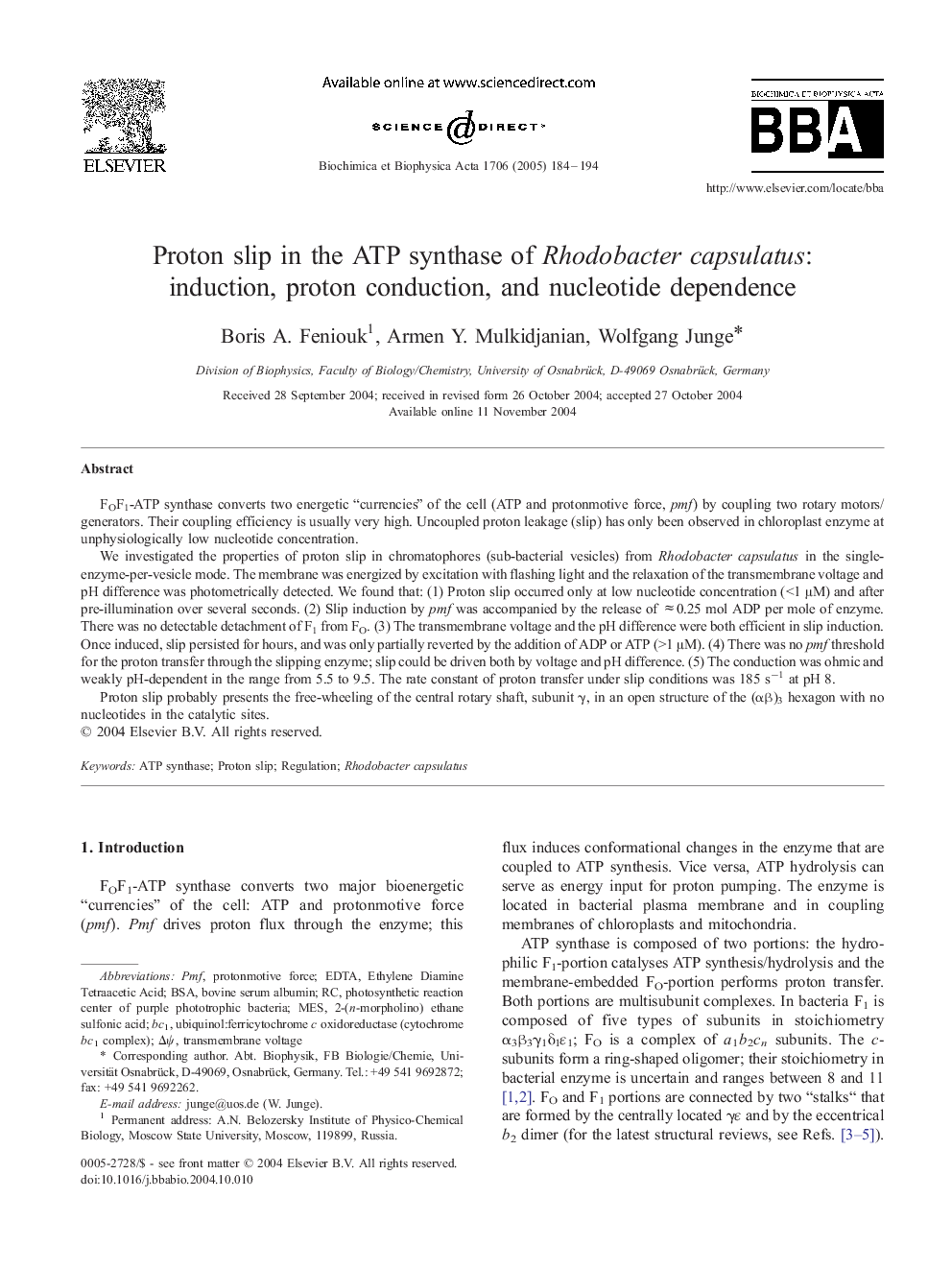 Proton slip in the ATP synthase of Rhodobacter capsulatus: induction, proton conduction, and nucleotide dependence