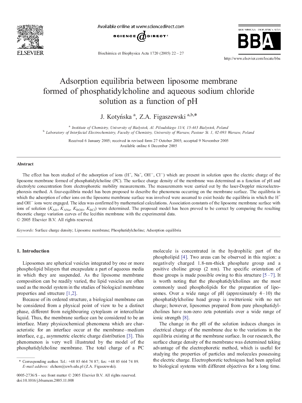 Adsorption equilibria between liposome membrane formed of phosphatidylcholine and aqueous sodium chloride solution as a function of pH