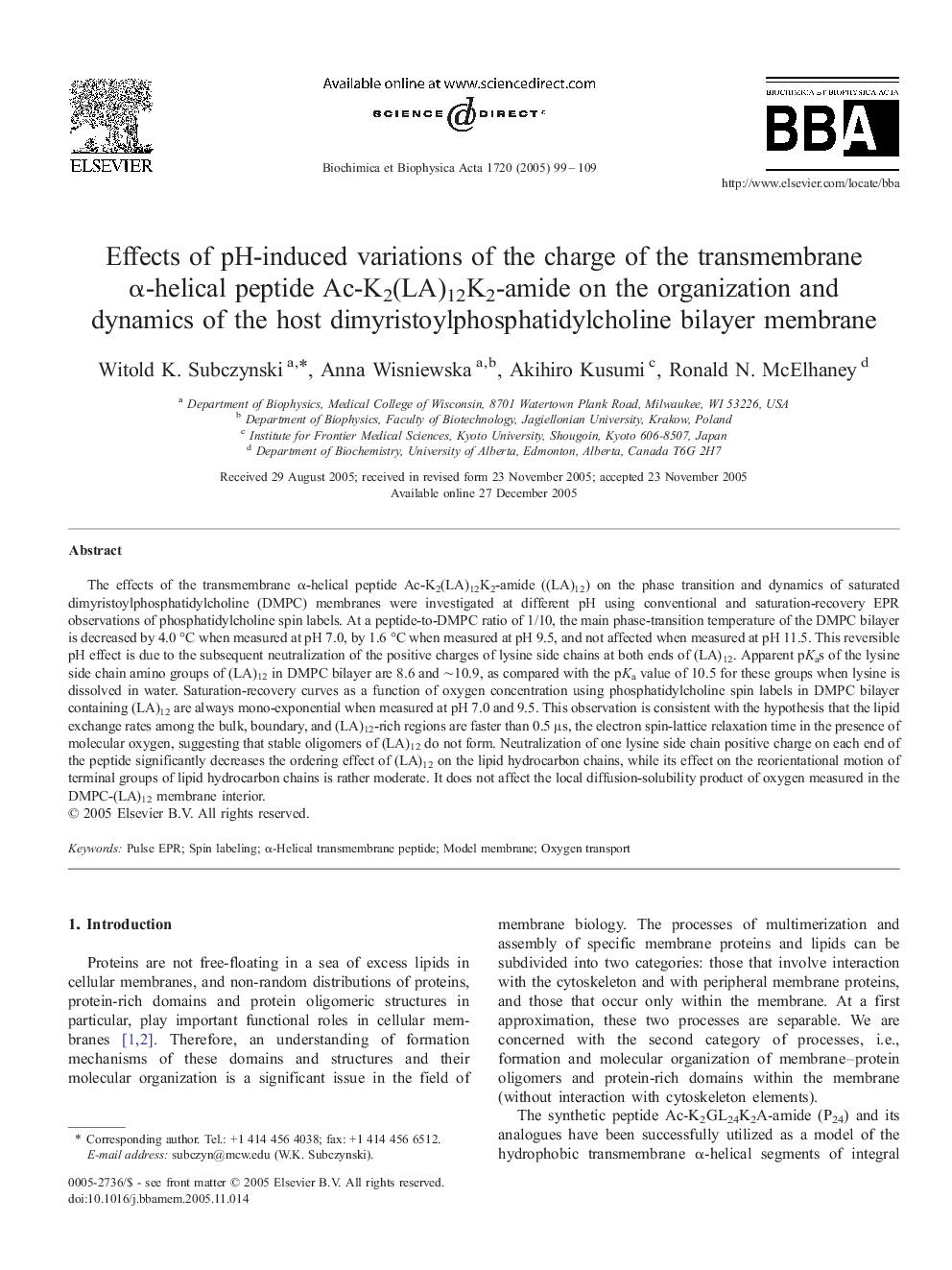 Effects of pH-induced variations of the charge of the transmembrane Î±-helical peptide Ac-K2(LA)12K2-amide on the organization and dynamics of the host dimyristoylphosphatidylcholine bilayer membrane