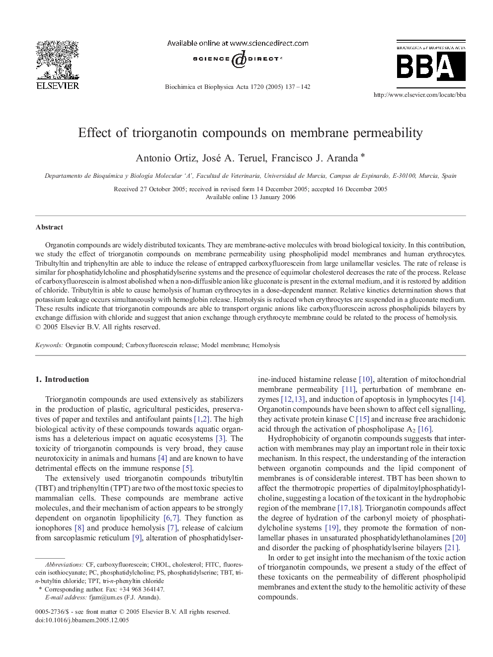 Effect of triorganotin compounds on membrane permeability