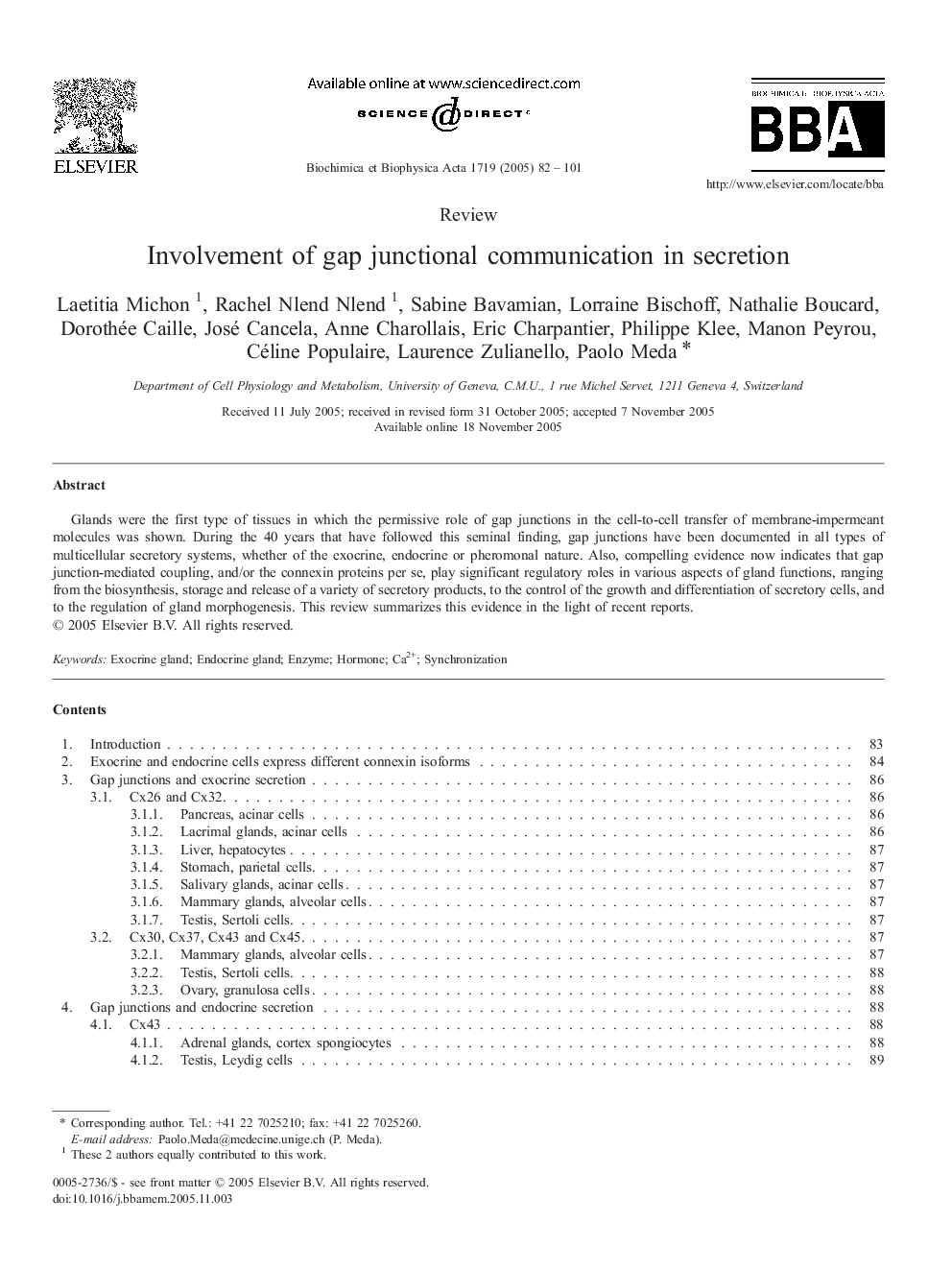 Involvement of gap junctional communication in secretion