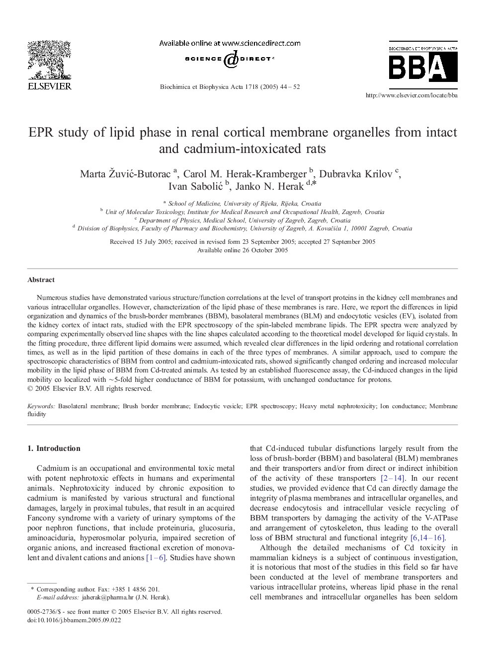 EPR study of lipid phase in renal cortical membrane organelles from intact and cadmium-intoxicated rats