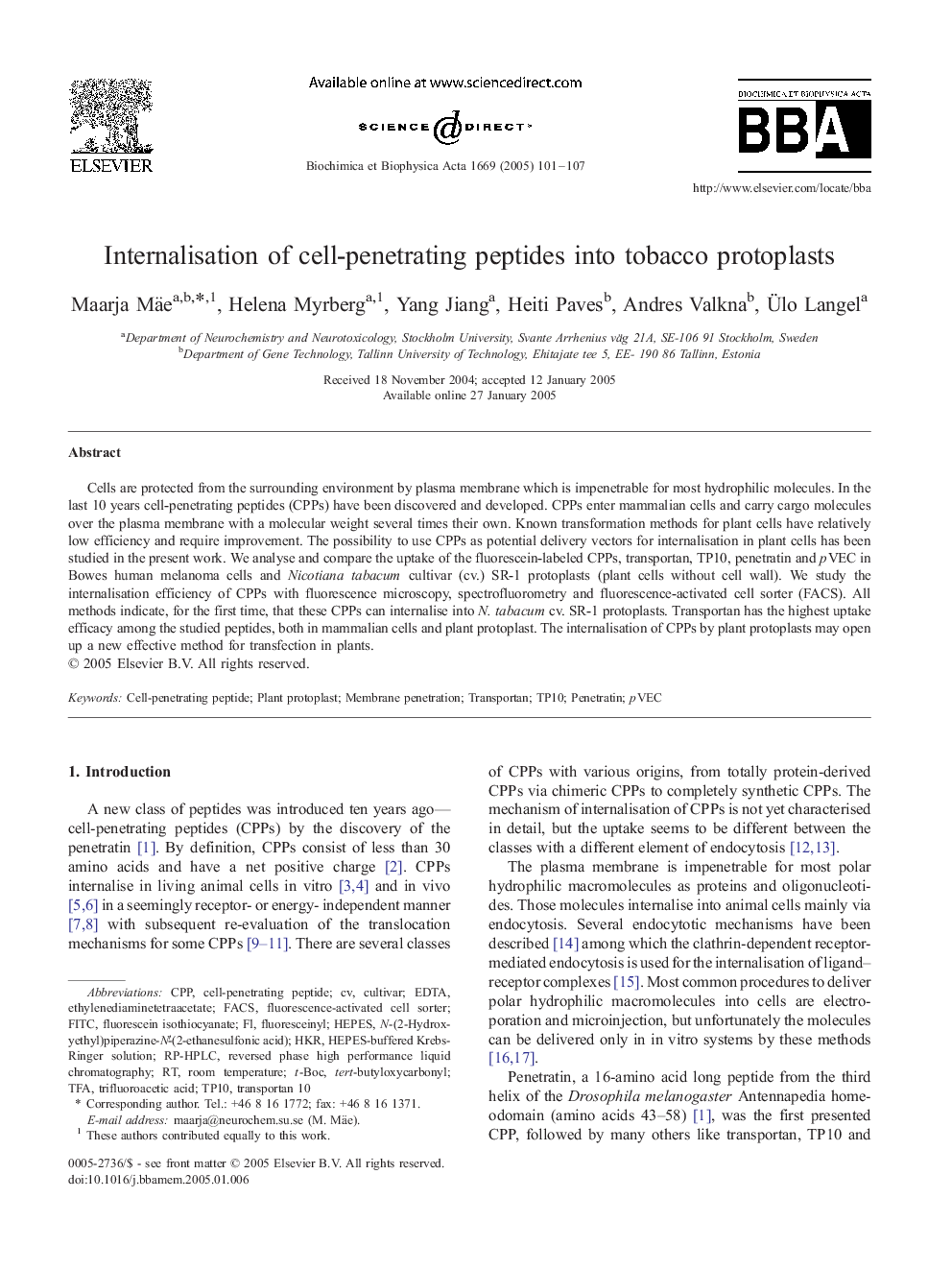 Internalisation of cell-penetrating peptides into tobacco protoplasts