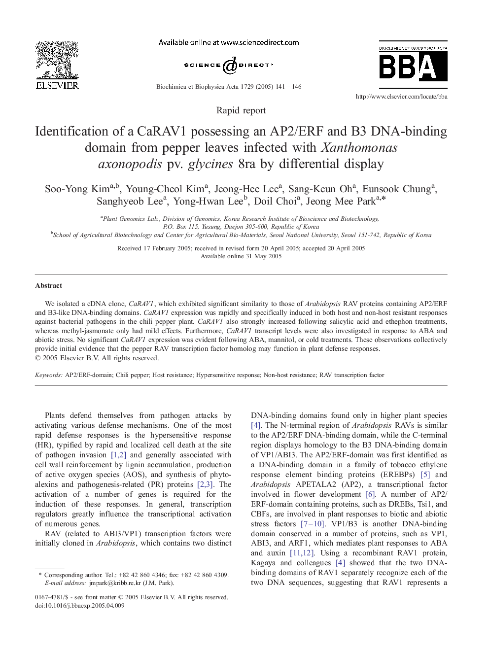 Identification of a CaRAV1 possessing an AP2/ERF and B3 DNA-binding domain from pepper leaves infected with Xanthomonas axonopodis pv. glycines 8ra by differential display