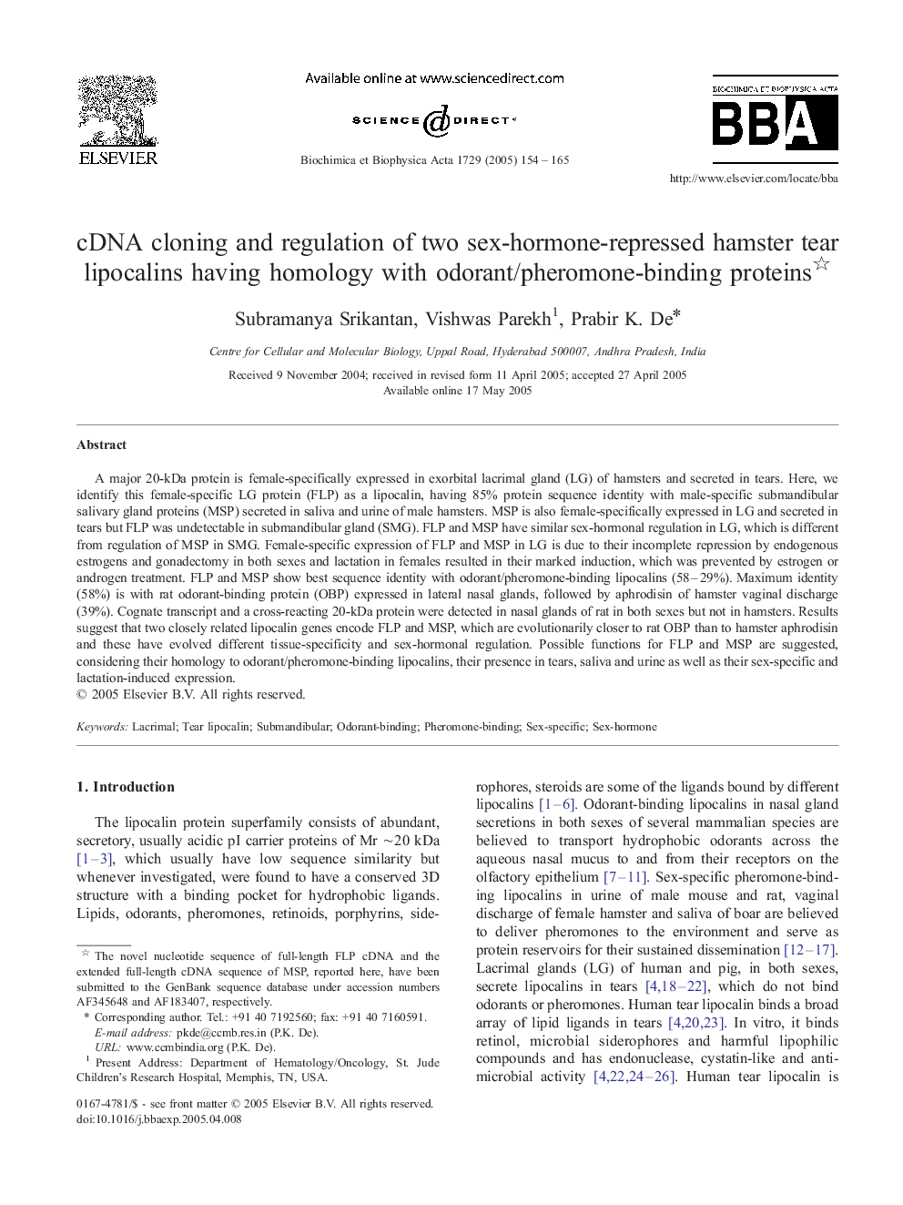 cDNA cloning and regulation of two sex-hormone-repressed hamster tear lipocalins having homology with odorant/pheromone-binding proteins