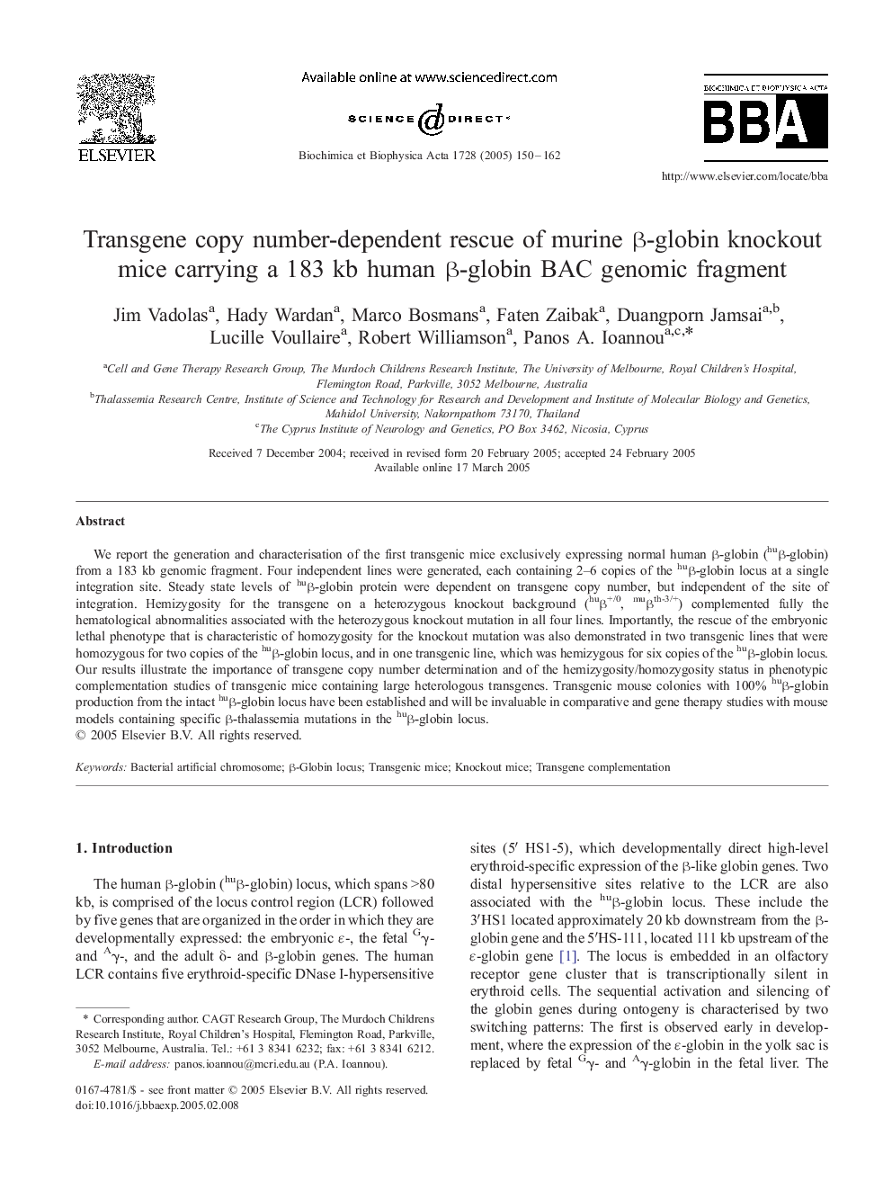 Transgene copy number-dependent rescue of murine Î²-globin knockout mice carrying a 183 kb human Î²-globin BAC genomic fragment