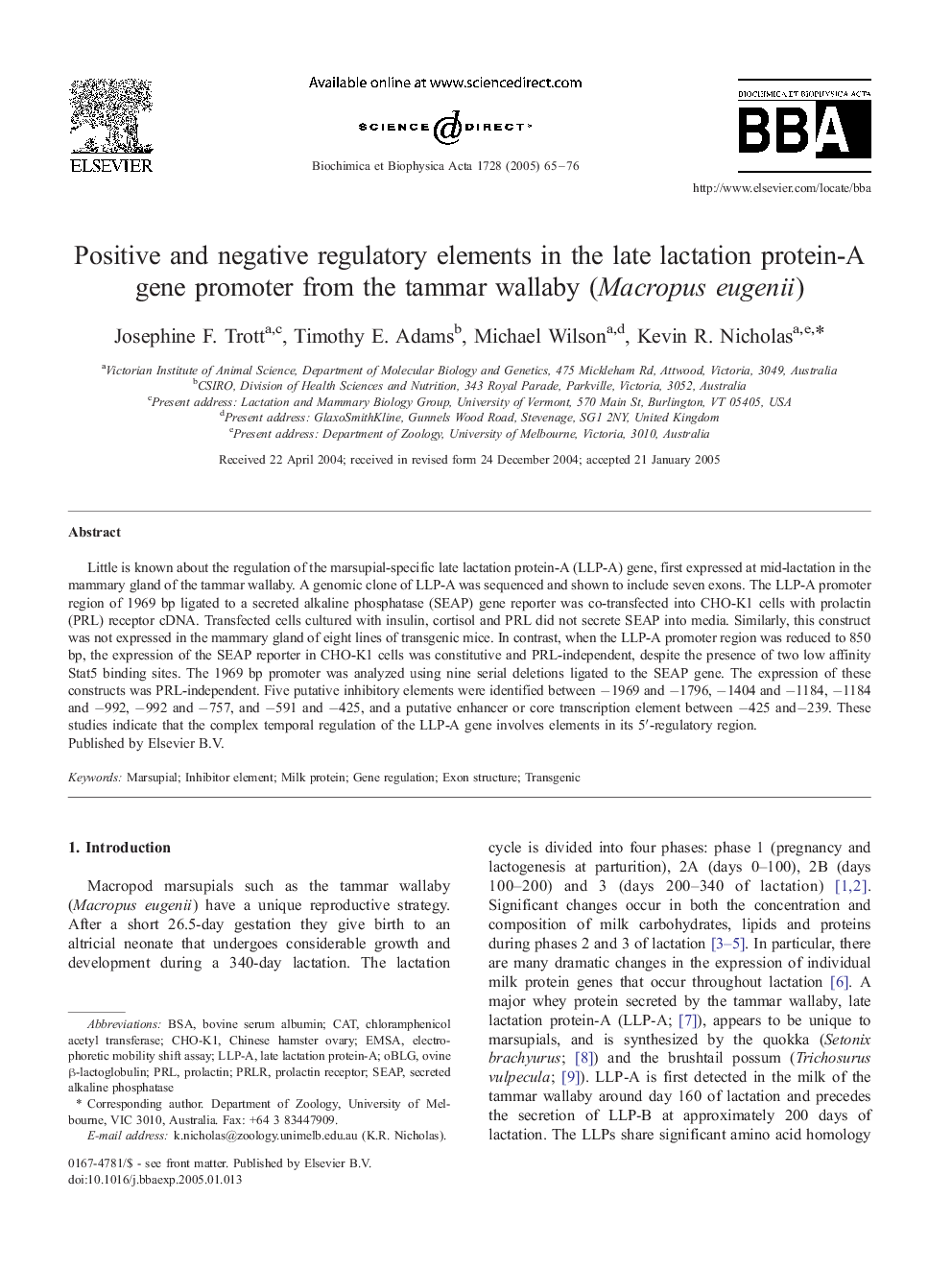 Positive and negative regulatory elements in the late lactation protein-A gene promoter from the tammar wallaby (Macropus eugenii)