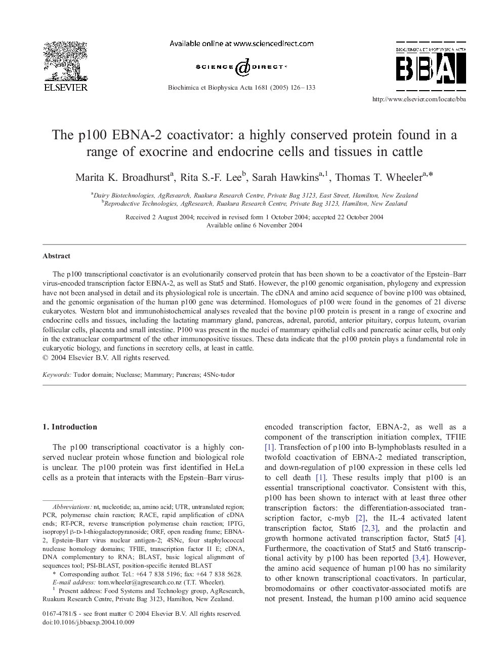 The p100 EBNA-2 coactivator: a highly conserved protein found in a range of exocrine and endocrine cells and tissues in cattle