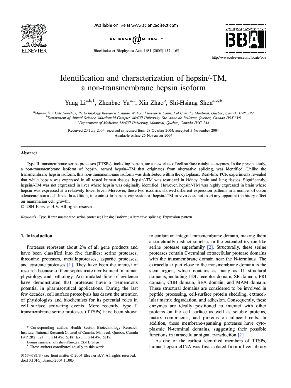 Identification and characterization of hepsin/-TM, a non-transmembrane hepsin isoform