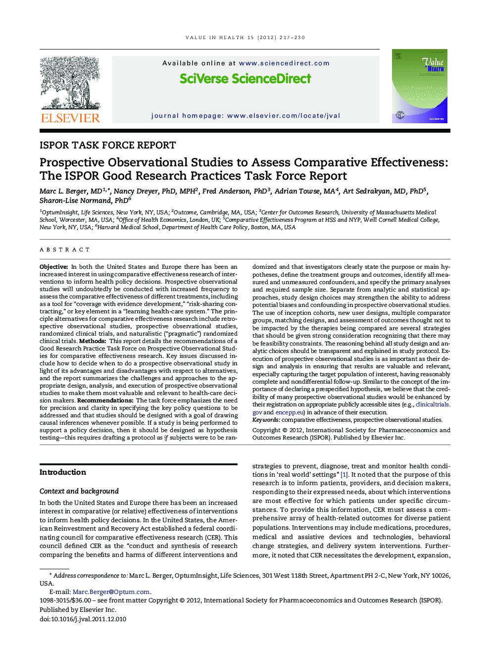 Prospective Observational Studies to Assess Comparative Effectiveness: The ISPOR Good Research Practices Task Force Report