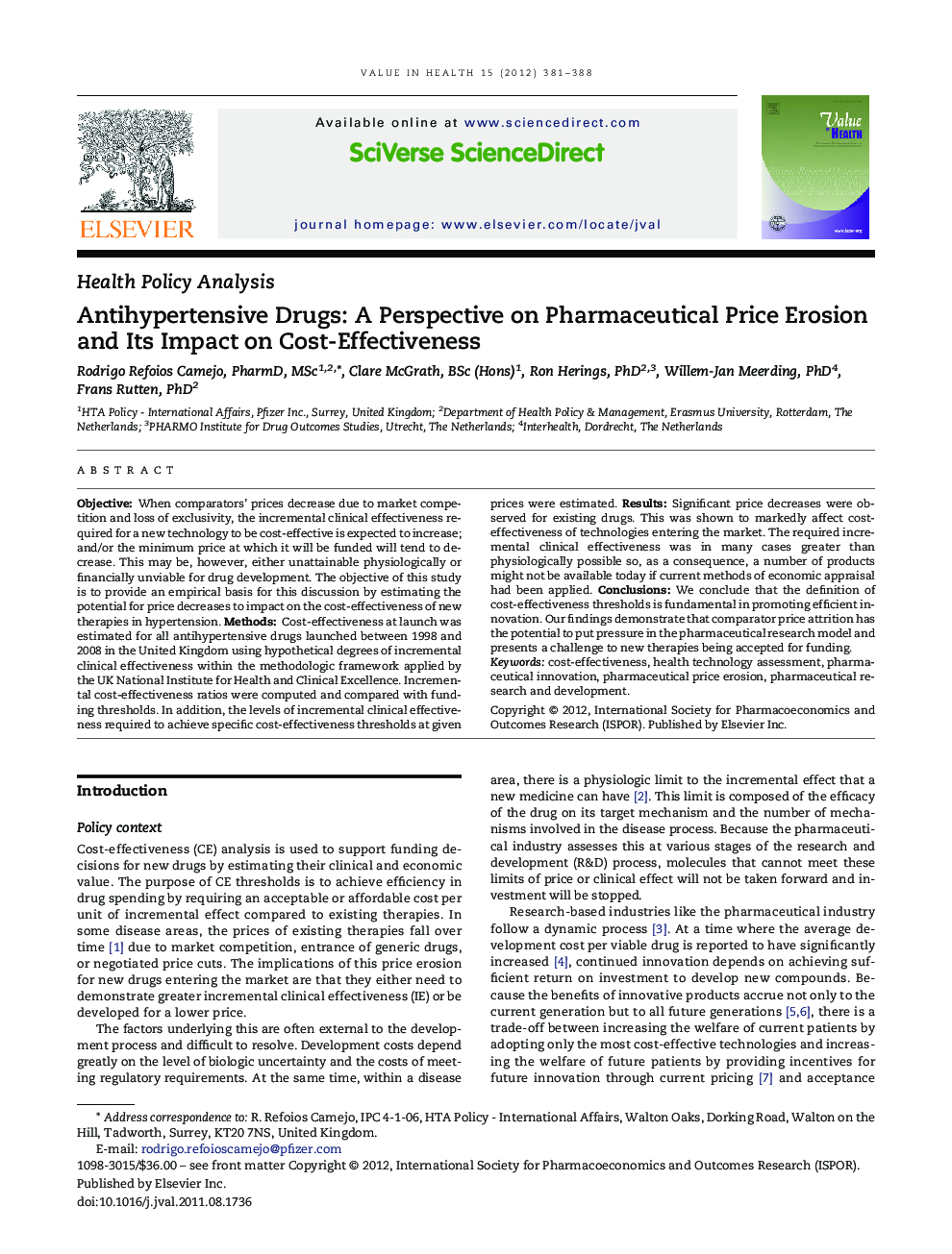 Antihypertensive Drugs: A Perspective on Pharmaceutical Price Erosion and Its Impact on Cost-Effectiveness