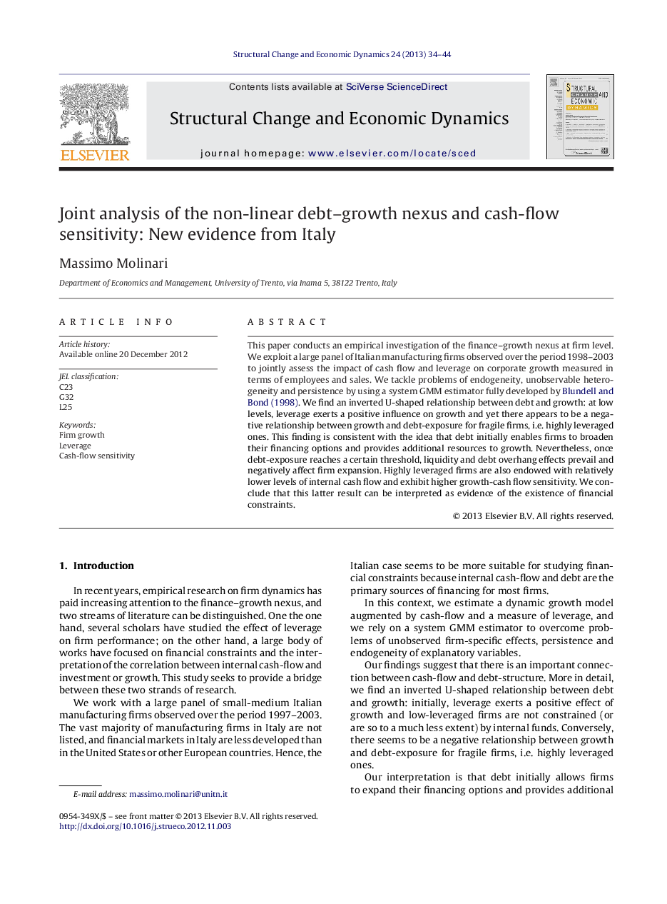 Joint analysis of the non-linear debt–growth nexus and cash-flow sensitivity: New evidence from Italy