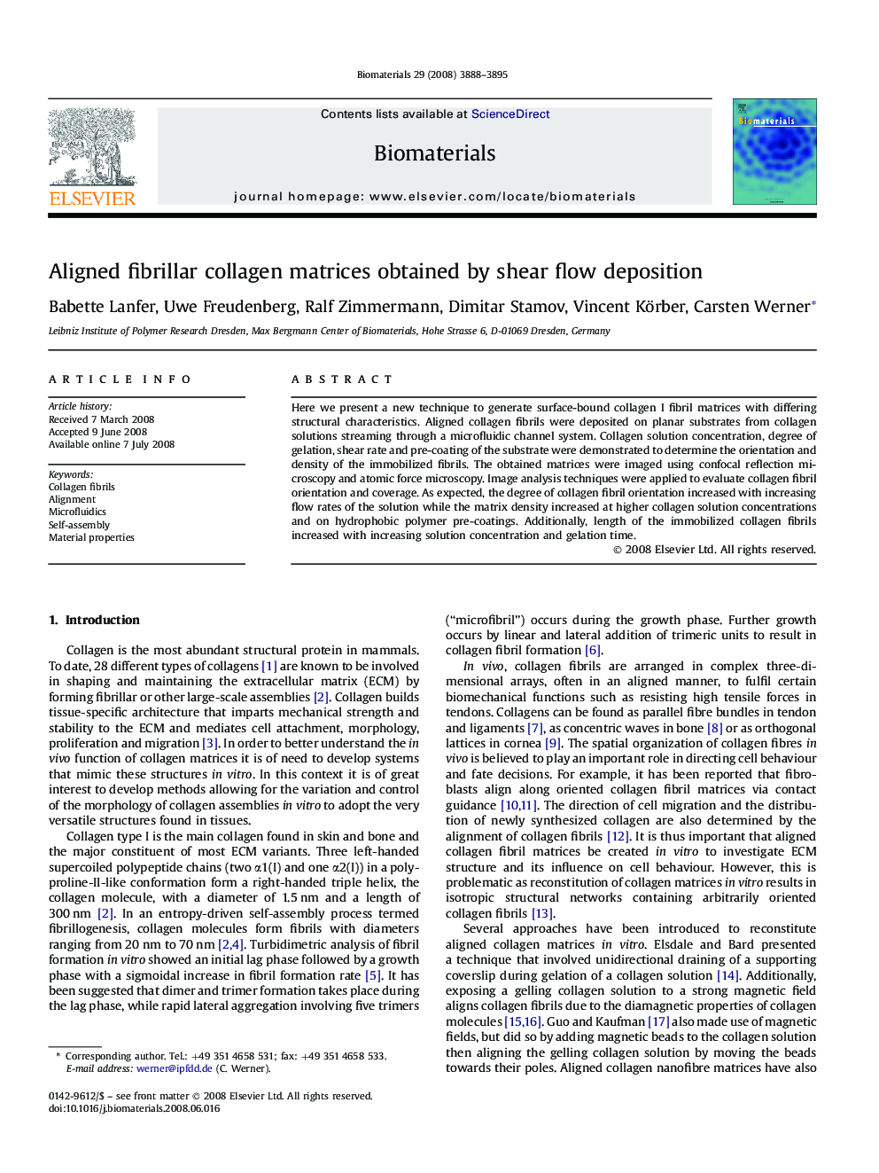 Aligned fibrillar collagen matrices obtained by shear flow deposition