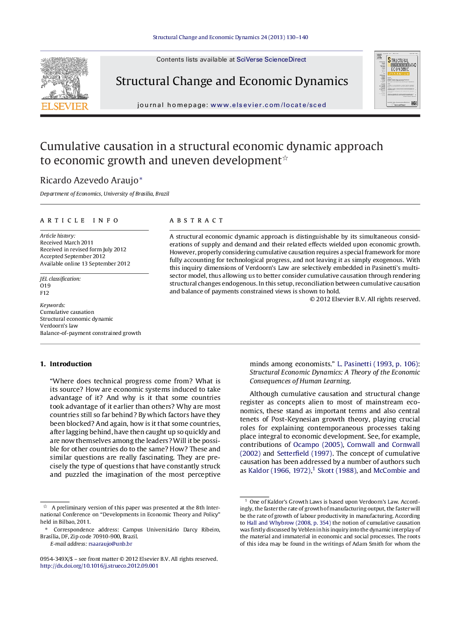 Cumulative causation in a structural economic dynamic approach to economic growth and uneven development 