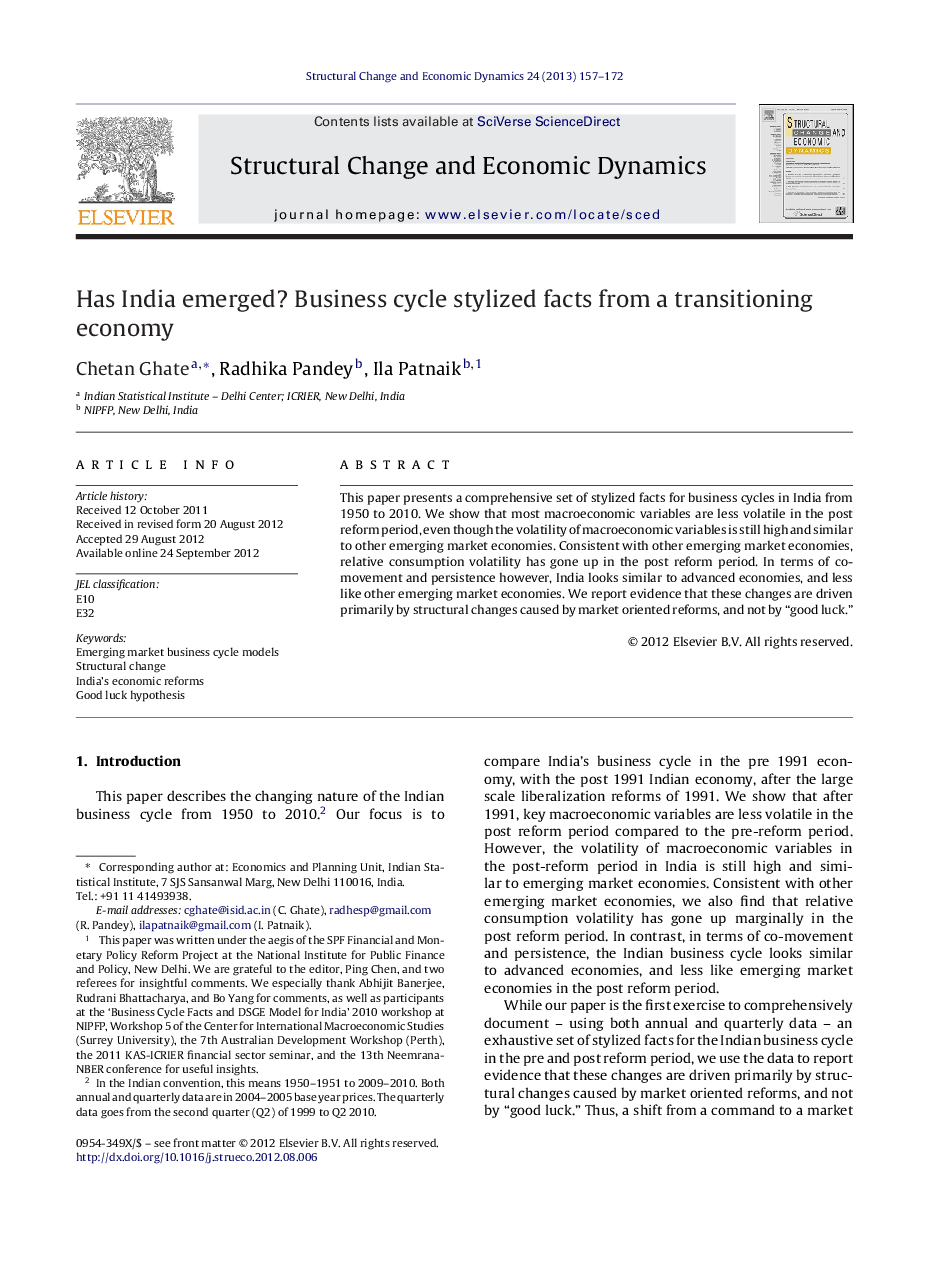 Has India emerged? Business cycle stylized facts from a transitioning economy