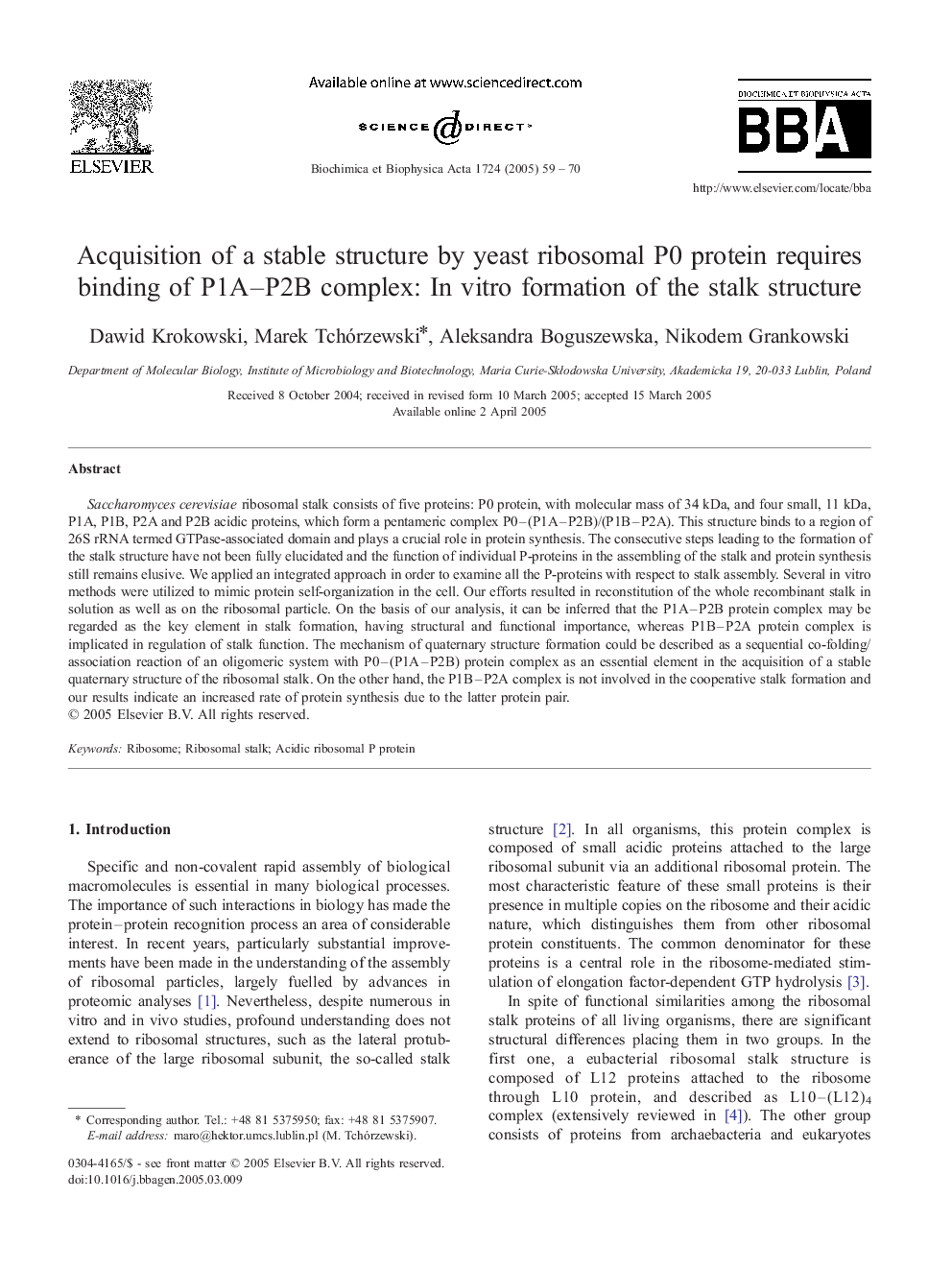 Acquisition of a stable structure by yeast ribosomal P0 protein requires binding of P1A-P2B complex: In vitro formation of the stalk structure