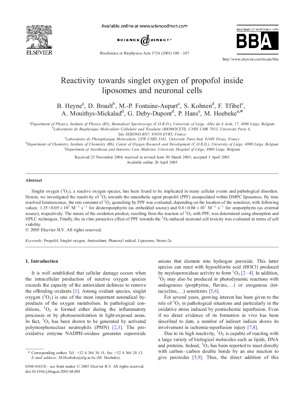 Reactivity towards singlet oxygen of propofol inside liposomes and neuronal cells