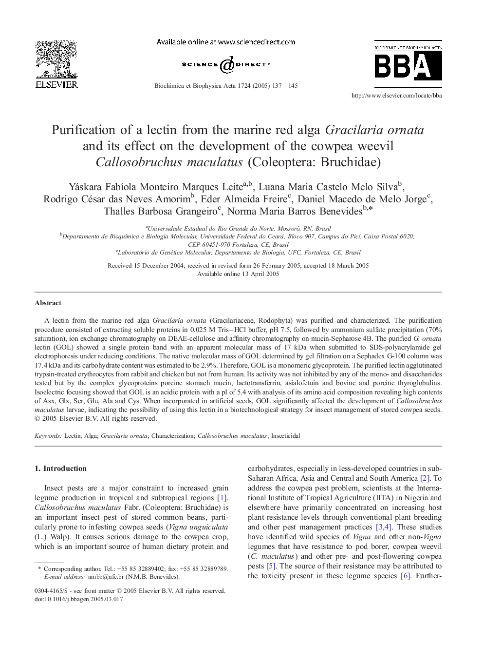 Purification of a lectin from the marine red alga Gracilaria ornata and its effect on the development of the cowpea weevil Callosobruchus maculatus (Coleoptera: Bruchidae)