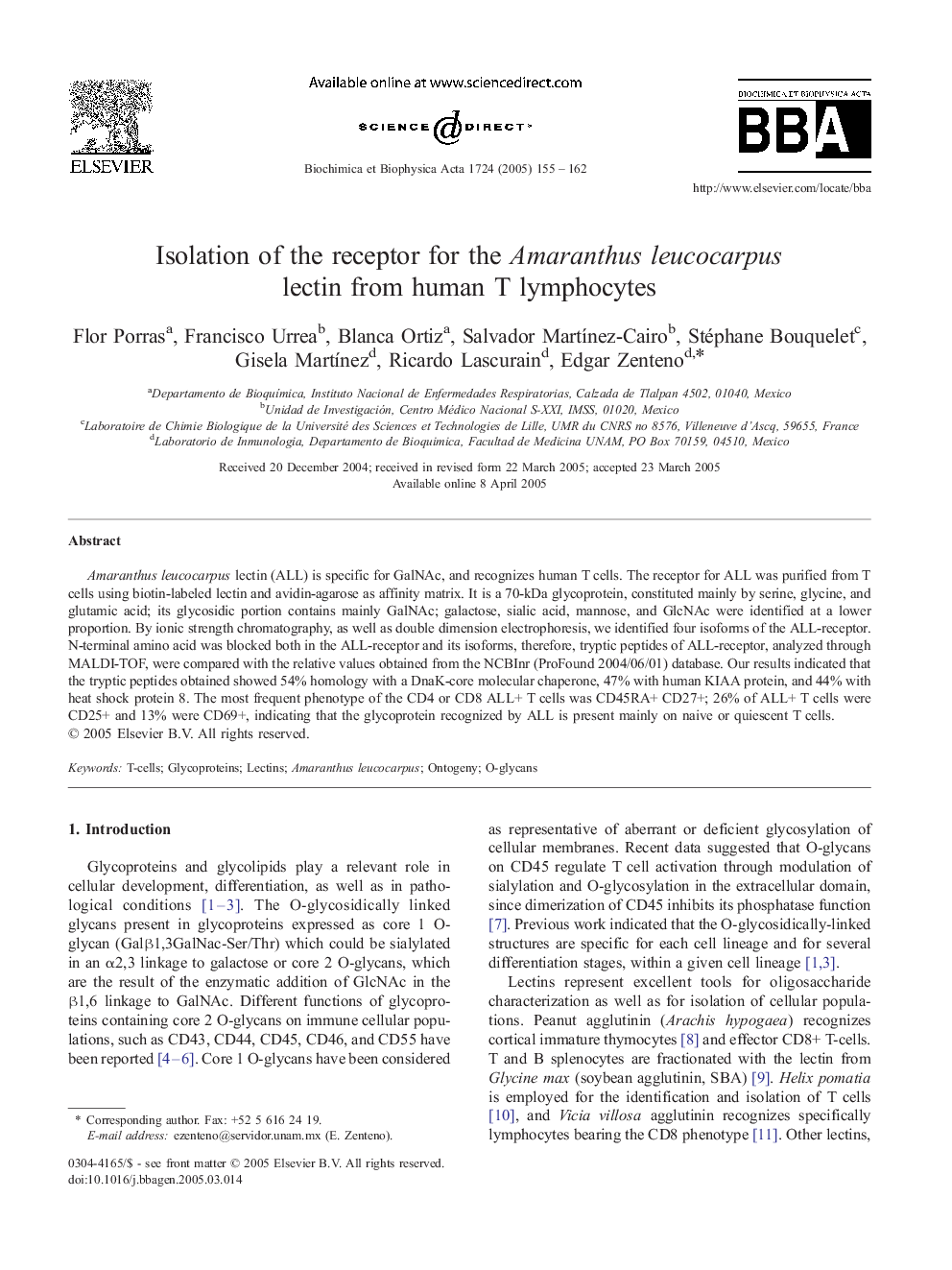 Isolation of the receptor for the Amaranthus leucocarpus lectin from human T lymphocytes