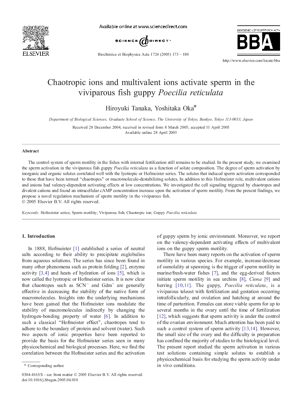 Chaotropic ions and multivalent ions activate sperm in the viviparous fish guppy Poecilia reticulata