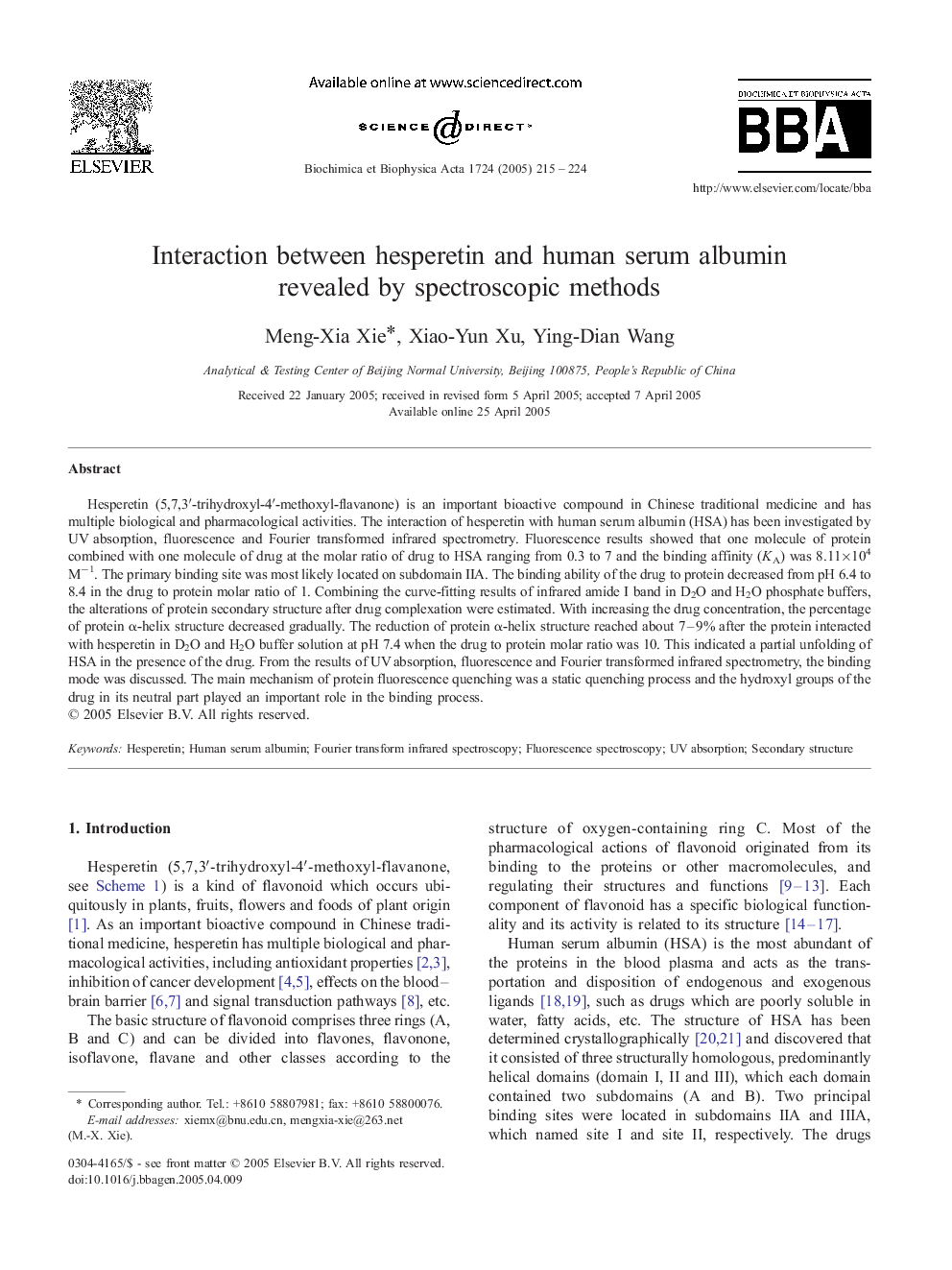 Interaction between hesperetin and human serum albumin revealed by spectroscopic methods