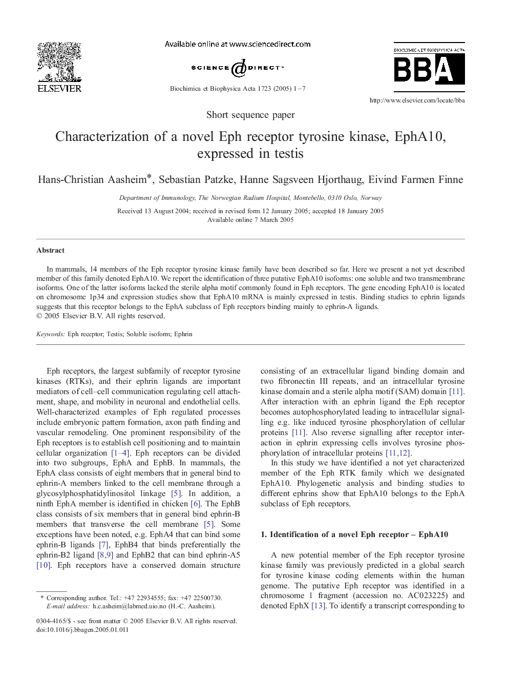 Characterization of a novel Eph receptor tyrosine kinase, EphA10, expressed in testis