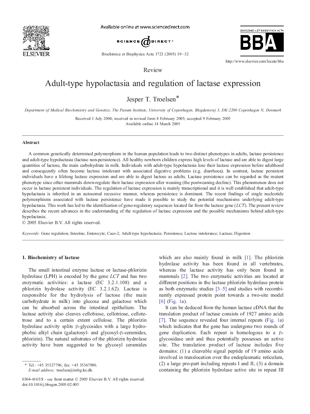 Adult-type hypolactasia and regulation of lactase expression