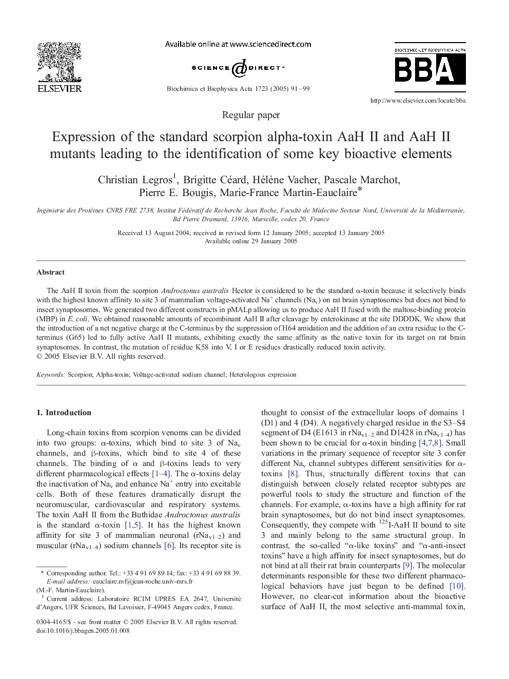 Expression of the standard scorpion alpha-toxin AaH II and AaH II mutants leading to the identification of some key bioactive elements