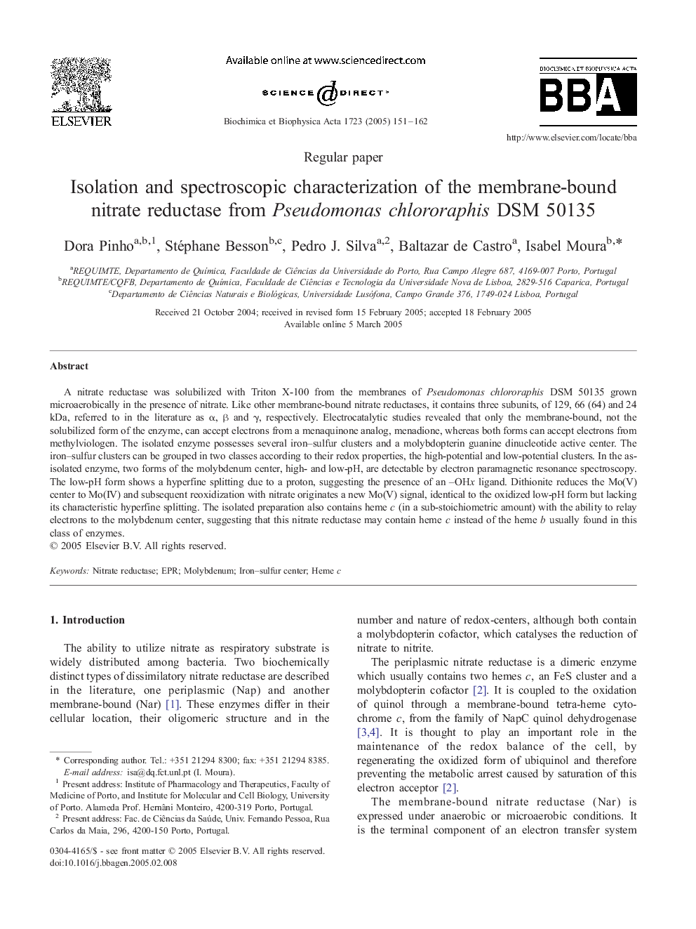 Isolation and spectroscopic characterization of the membrane-bound nitrate reductase from Pseudomonas chlororaphis DSM 50135