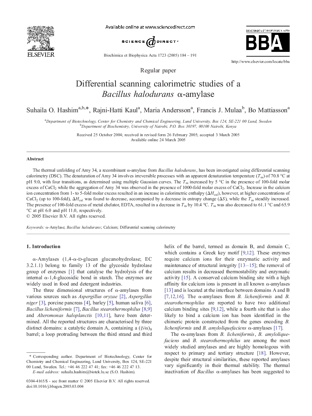 Differential scanning calorimetric studies of a Bacillus halodurans Î±-amylase