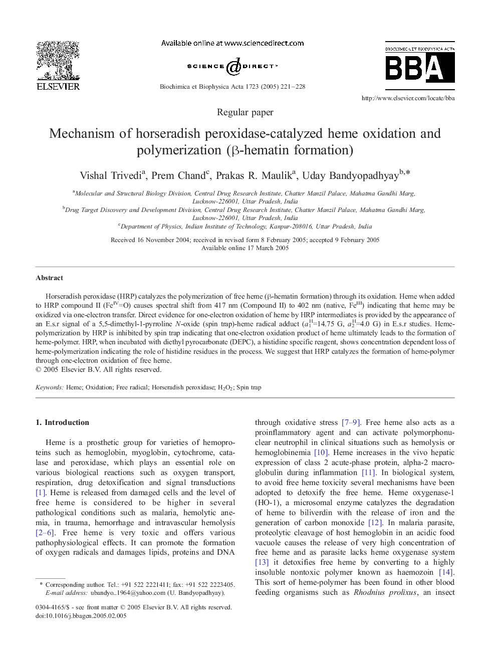 Mechanism of horseradish peroxidase-catalyzed heme oxidation and polymerization (Î²-hematin formation)