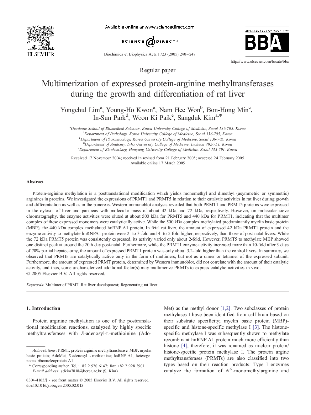 Multimerization of expressed protein-arginine methyltransferases during the growth and differentiation of rat liver