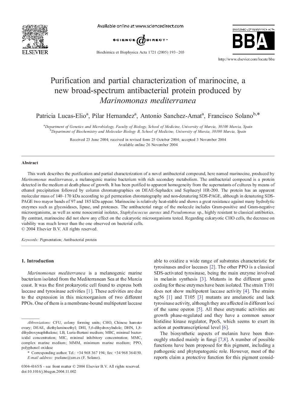 Purification and partial characterization of marinocine, a new broad-spectrum antibacterial protein produced by Marinomonas mediterranea