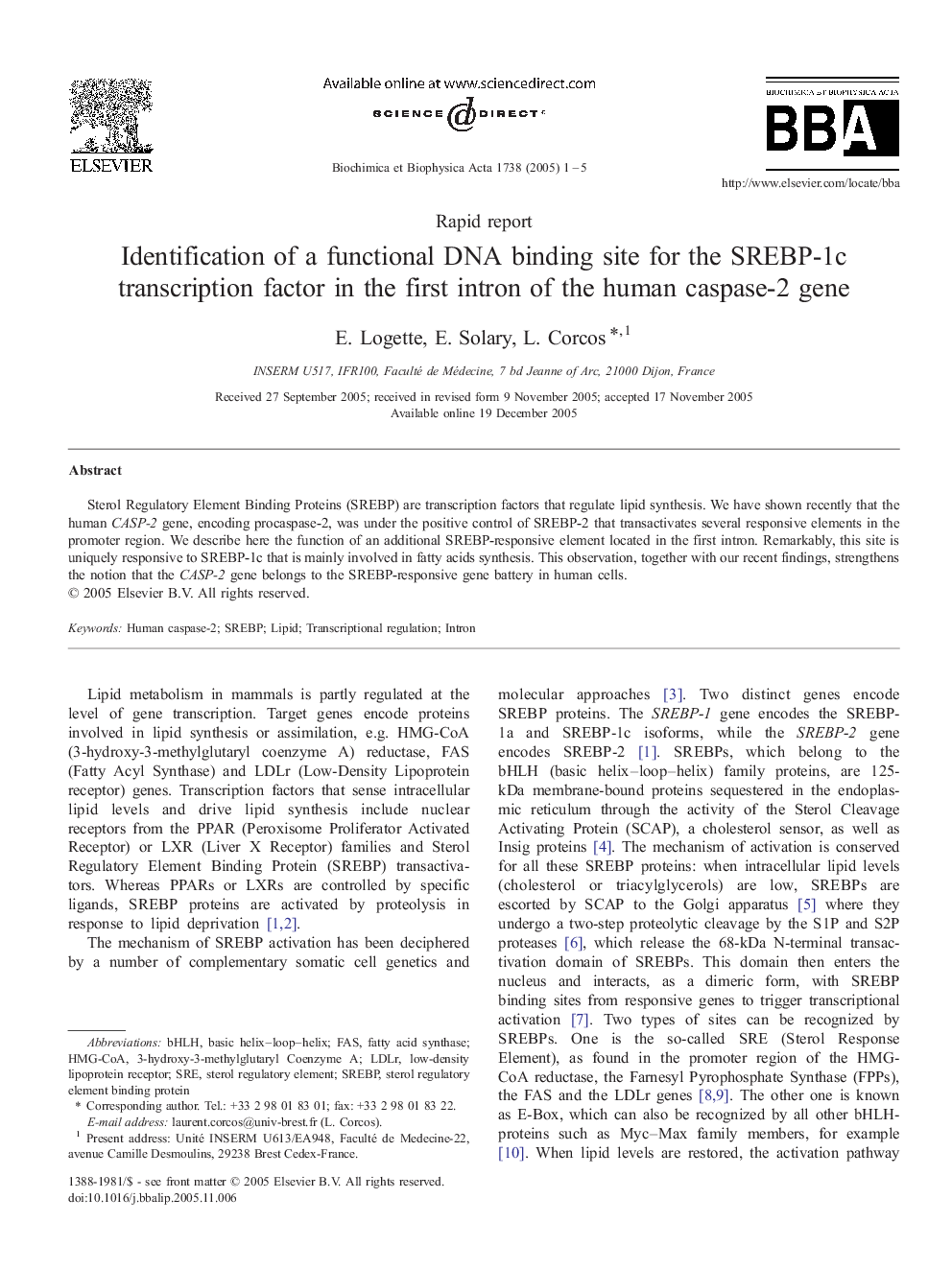 Identification of a functional DNA binding site for the SREBP-1c transcription factor in the first intron of the human caspase-2 gene