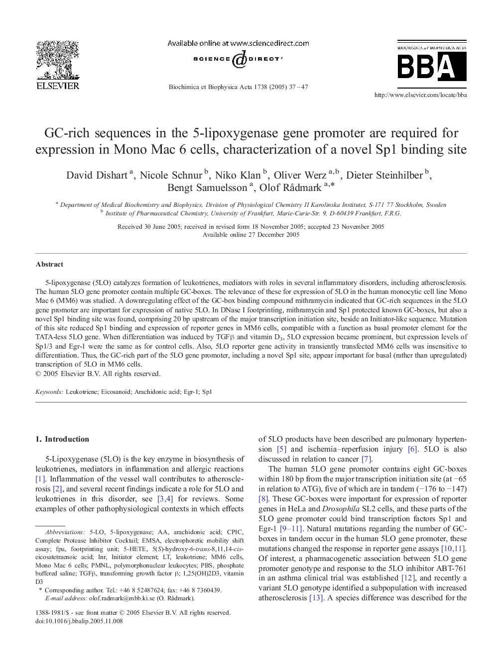 GC-rich sequences in the 5-lipoxygenase gene promoter are required for expression in Mono Mac 6 cells, characterization of a novel Sp1 binding site