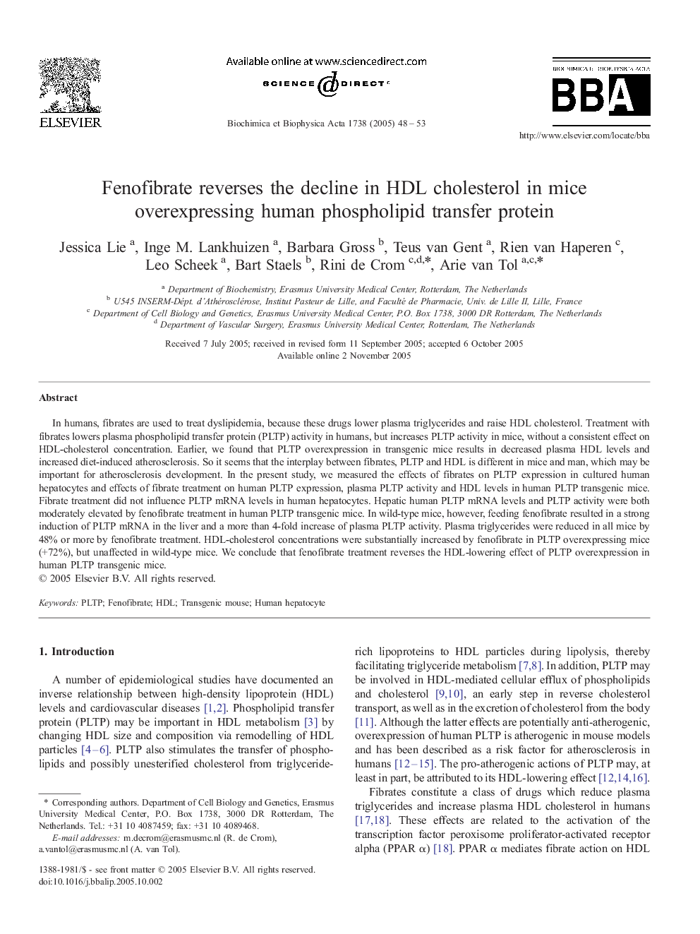 Fenofibrate reverses the decline in HDL cholesterol in mice overexpressing human phospholipid transfer protein