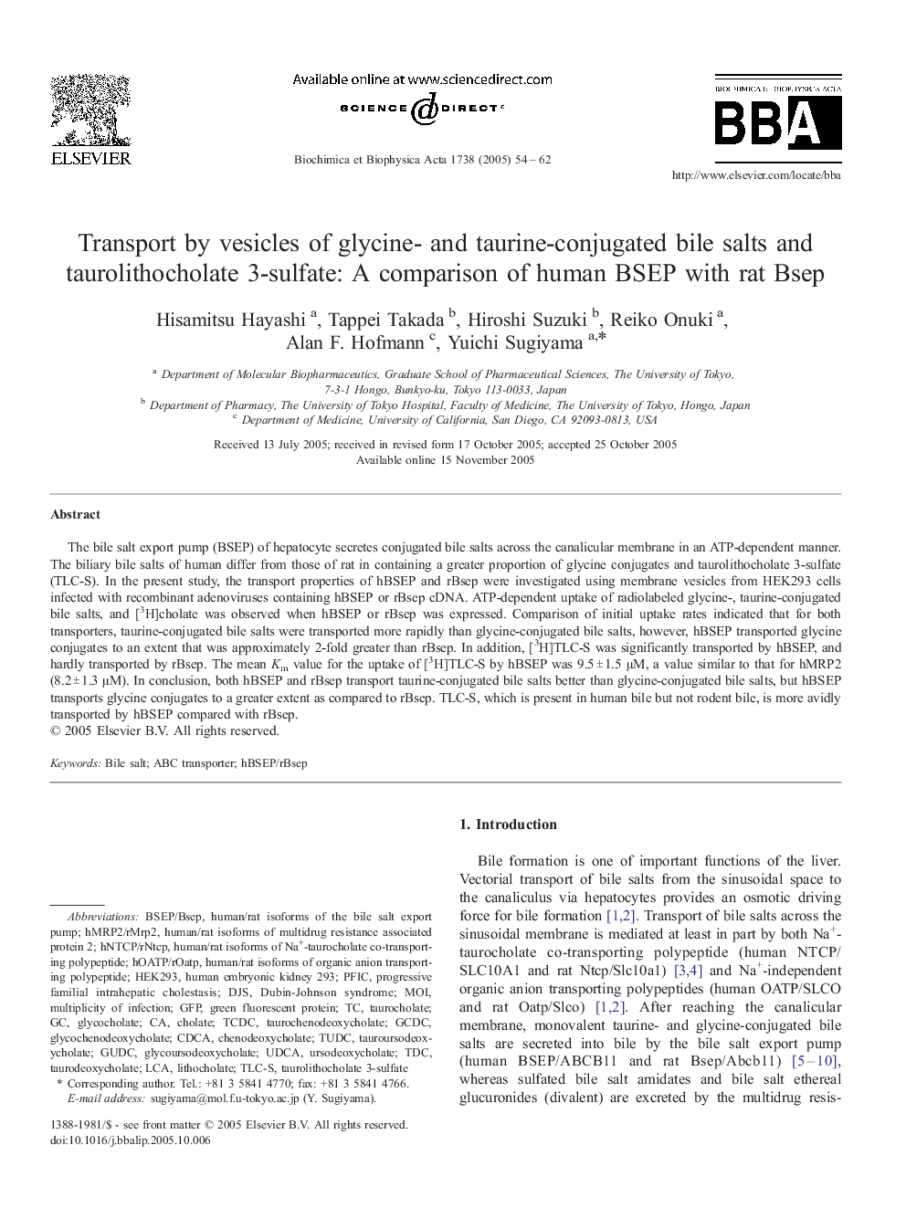 Transport by vesicles of glycine- and taurine-conjugated bile salts and taurolithocholate 3-sulfate: A comparison of human BSEP with rat Bsep